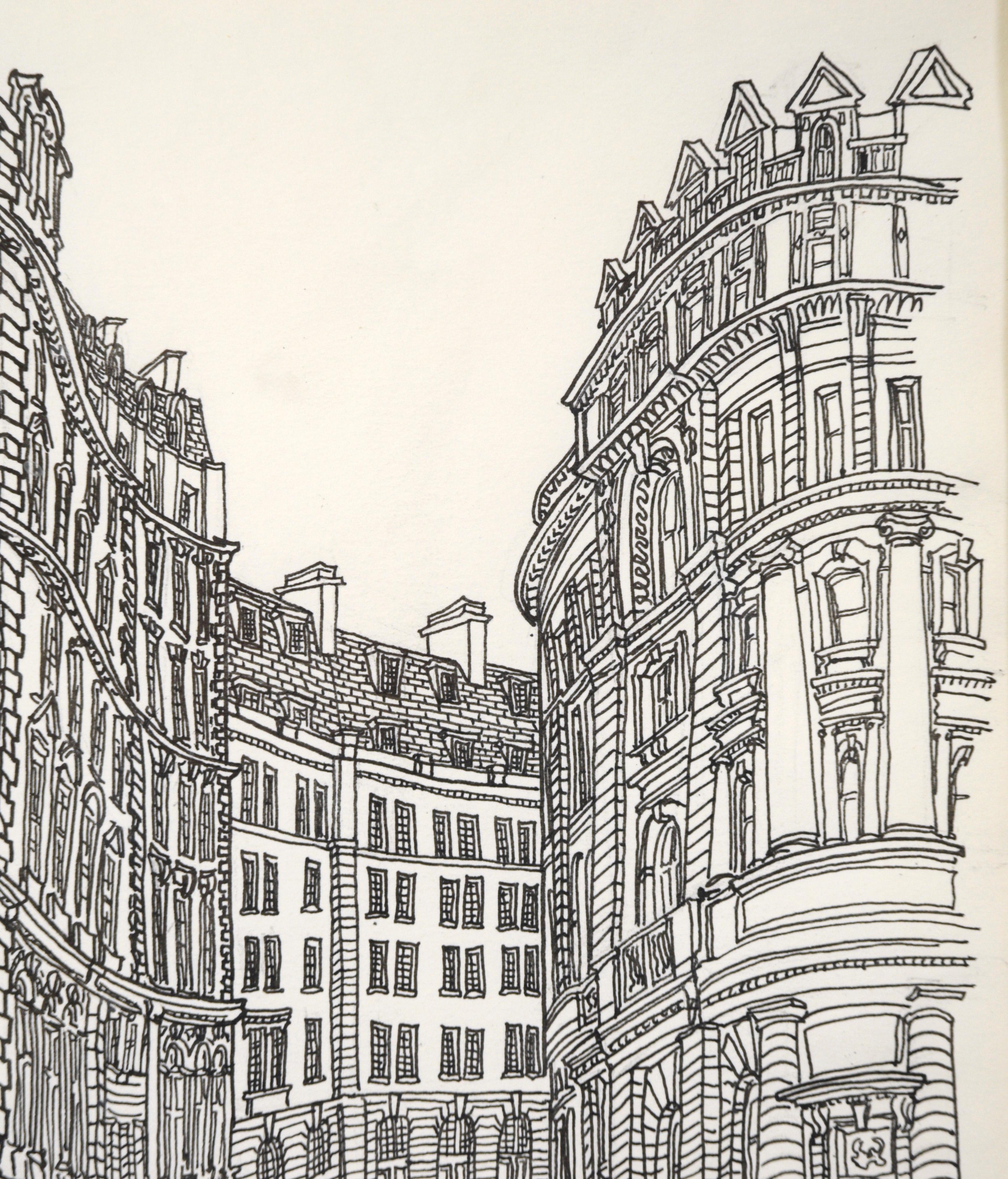 European Street Scene - Original Ink Line Drawing by Roxie Munro (American b. 1945.)

Detailed architectural drawing of a European street scene, potentially Paris, by prominent illustrator and painter Roxie Munro. A street separates two rows of
