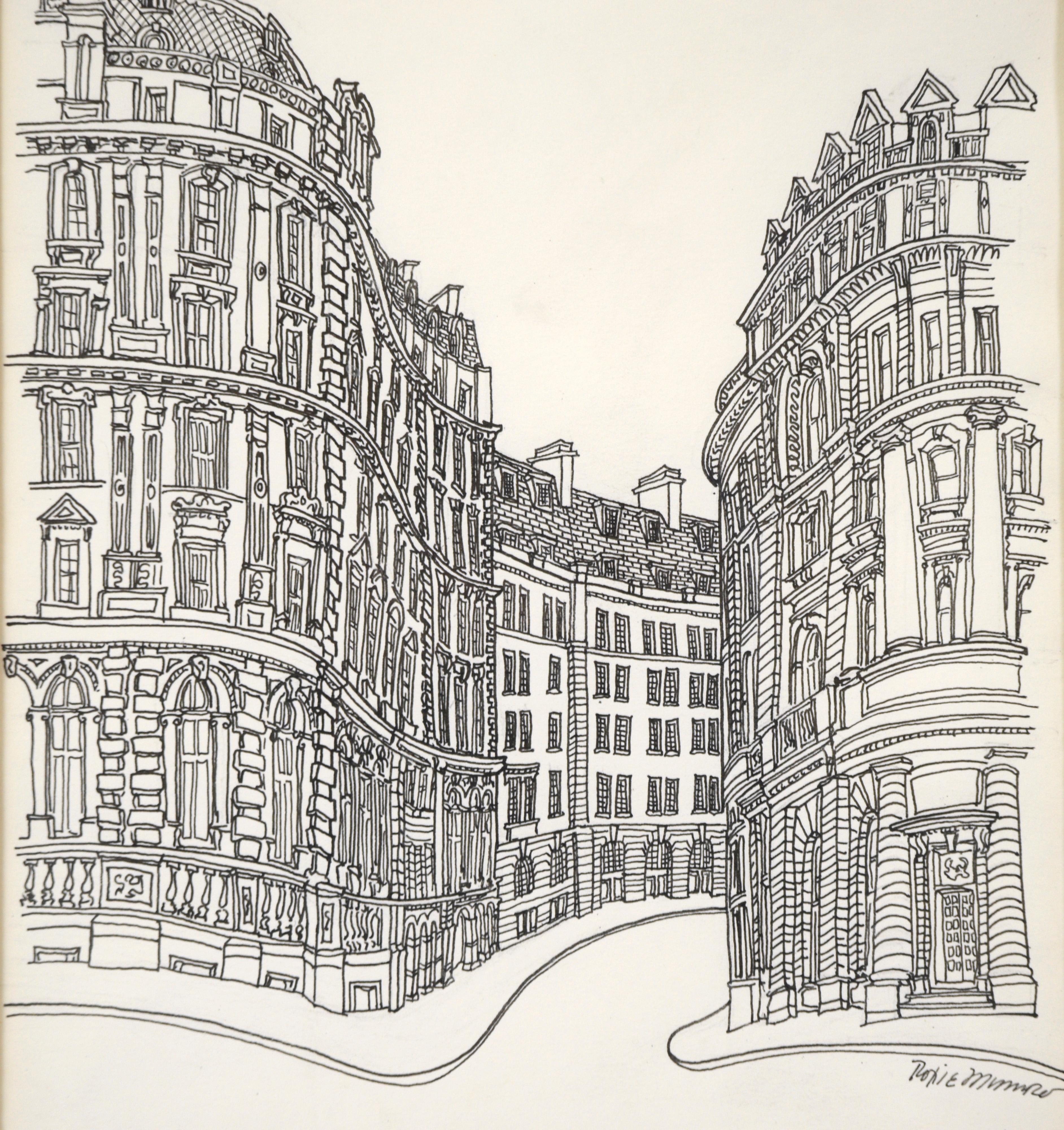 European Street Scene - Original Ink Line Drawing - Art de Roxie Munro