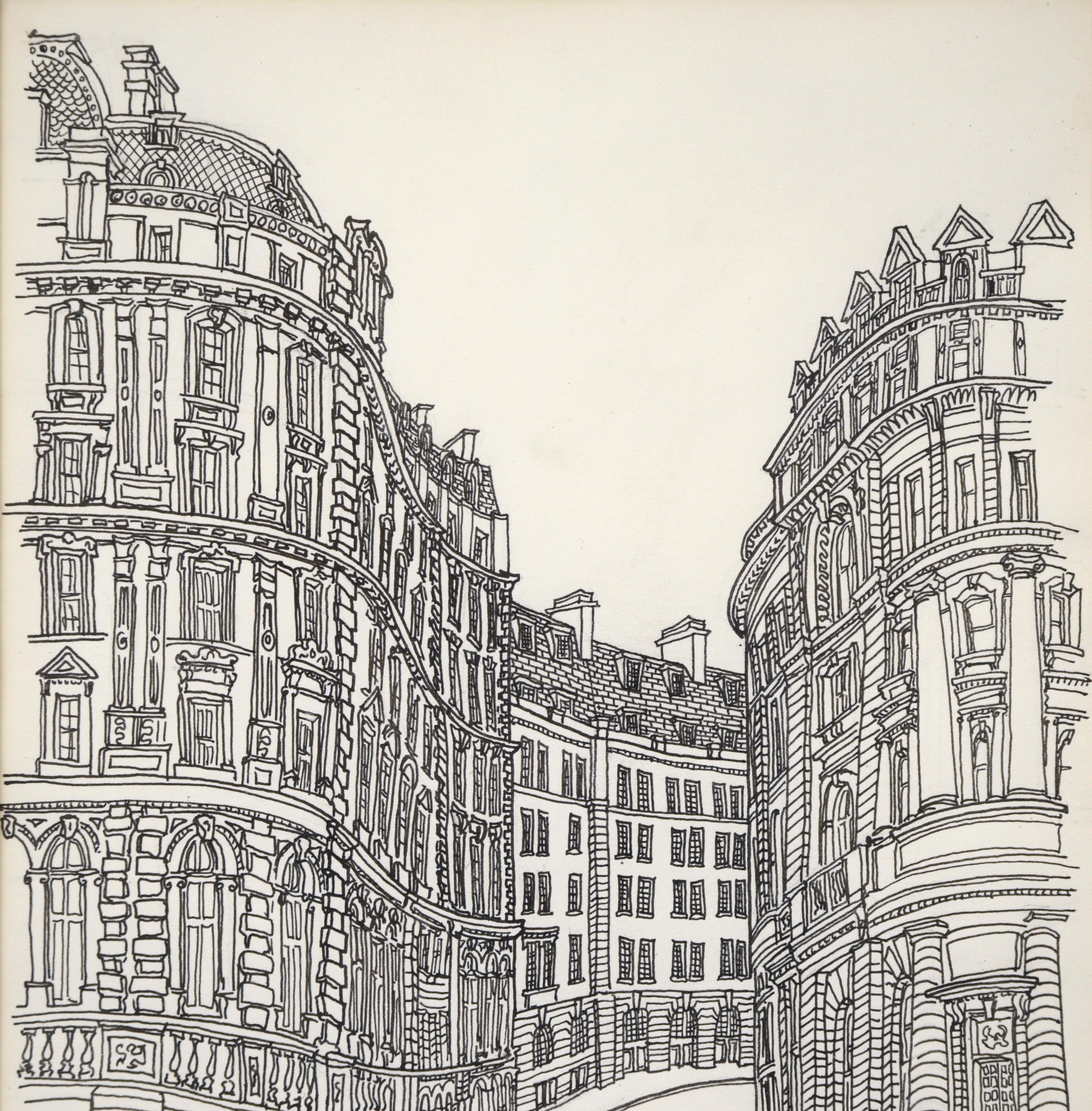 European Street Scene - Original Ink Line Drawing - Landscape Art Marrón de Roxie Munro