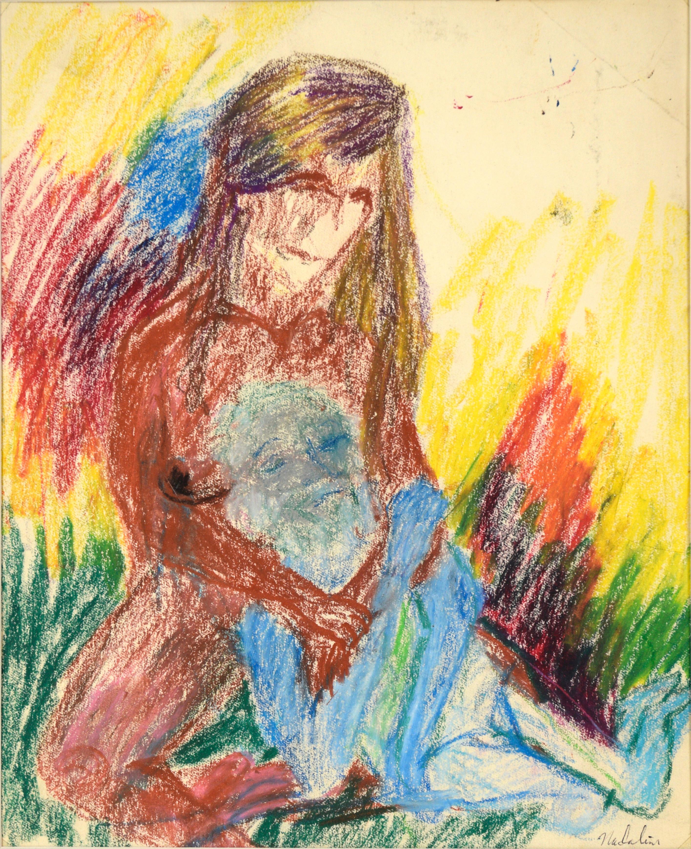 Woman Cradling Man - Expressionistic Figure Pastel Drawing - Art by Louis Nadalini