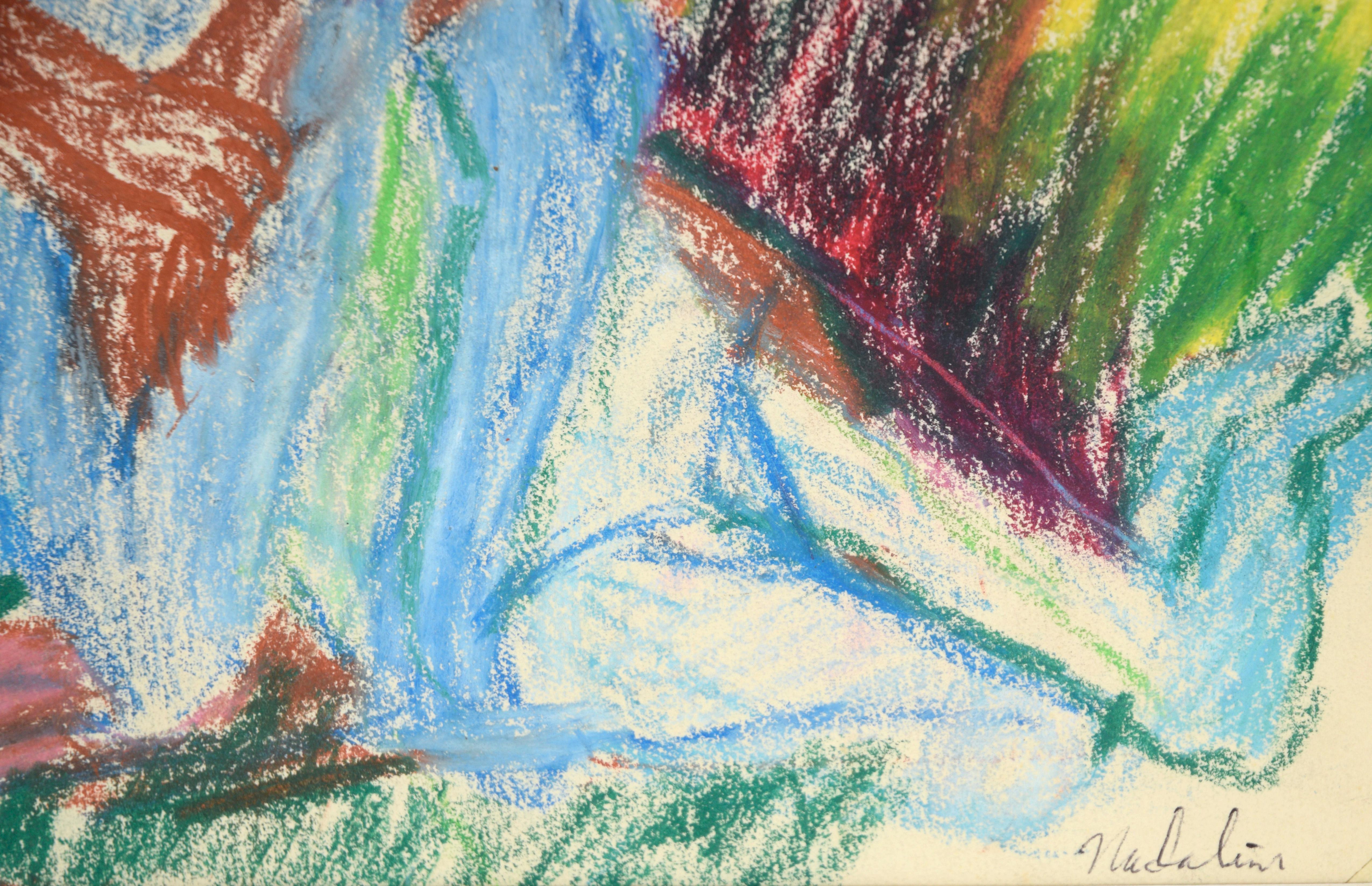 Woman Cradling Man - Expressionistic Figure Pastel Drawing For Sale 1
