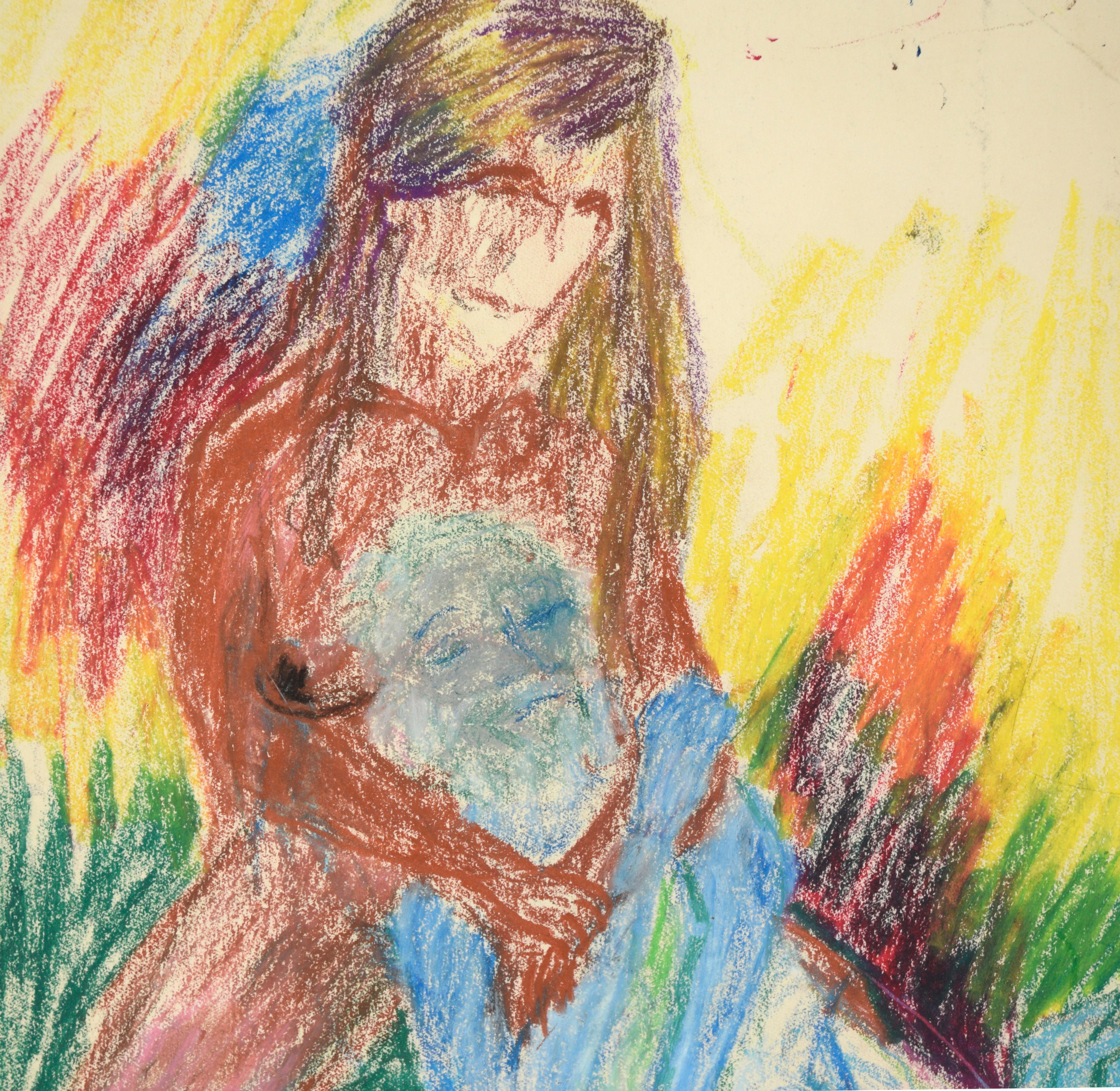 Woman Cradling Man - Expressionistic Figure Pastel Drawing - Beige Nude by Louis Nadalini