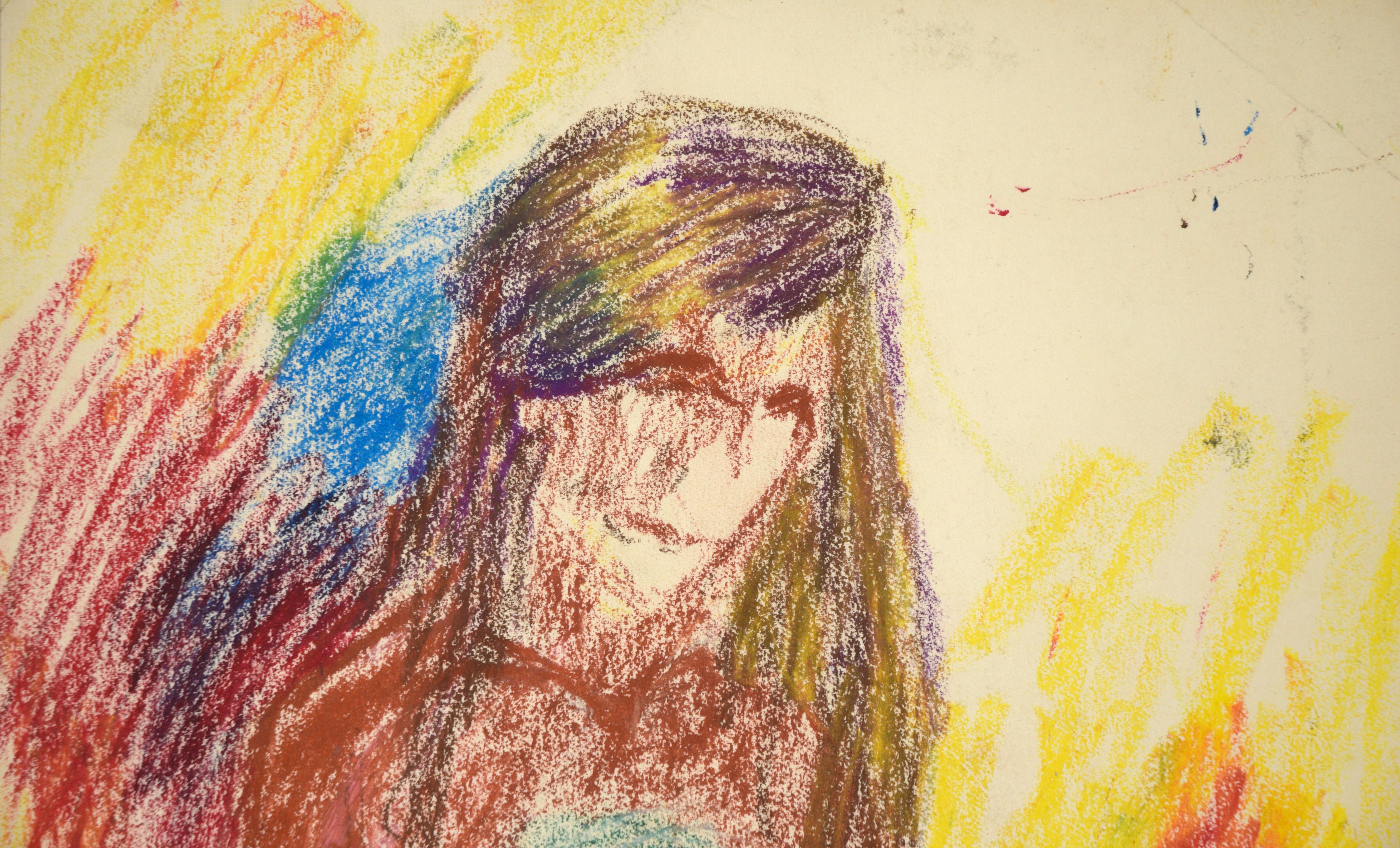 Woman Cradling Man - Expressionistic Figure Pastel Drawing

Dynamic and intriguing drawing of two figures, a woman in red and a man in blue, by Louis Nadalini  (American, 1927-1995). The woman sits upright, gazing down at the man whose head rests on