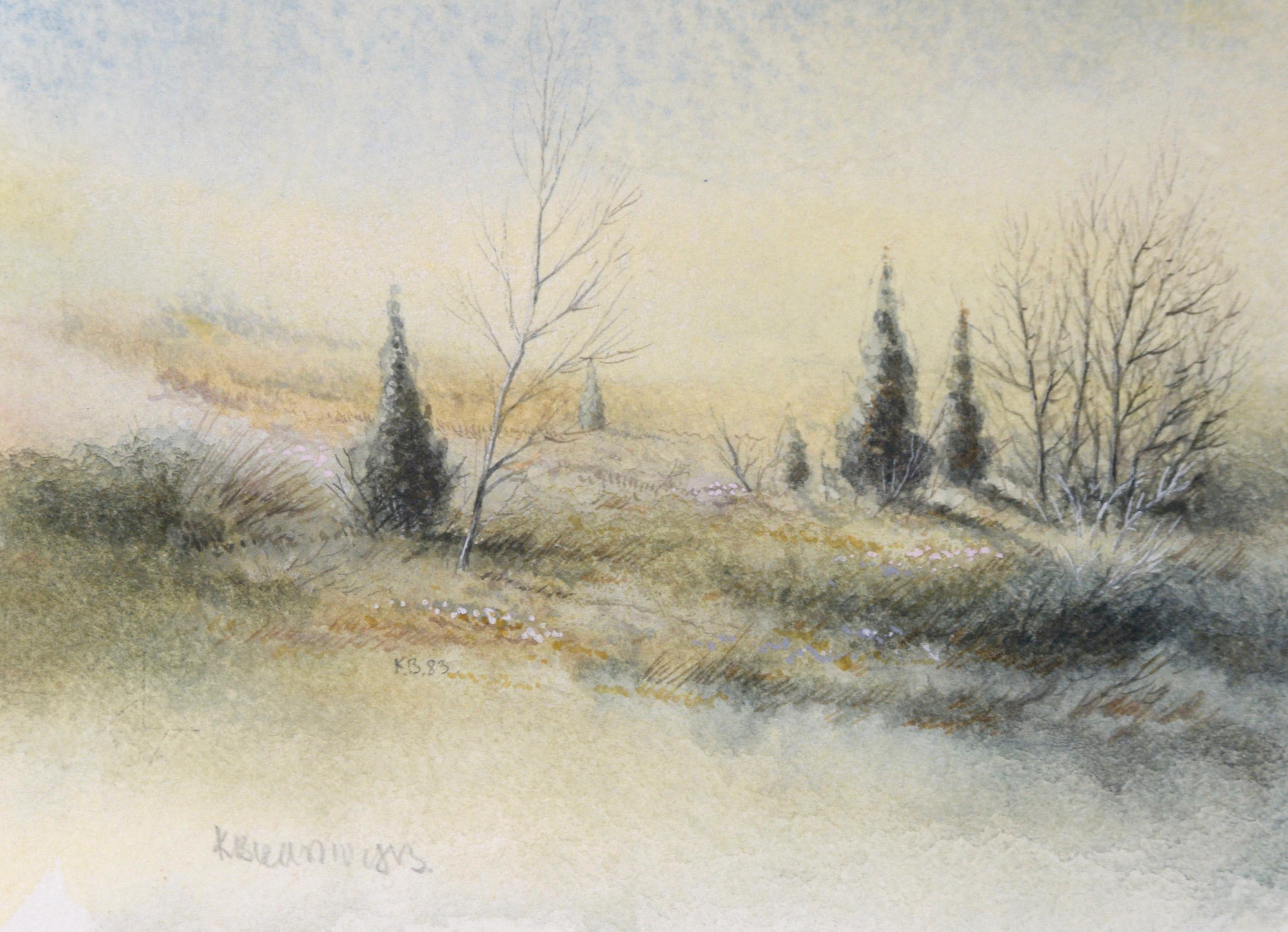 Delicado Paisaje Vintage de Invierno en Acuarela 

Paisaje sencillo y bellamente representado que representa un campo con árboles en invierno. Se ven unos pocos árboles de hoja perenne, mientras que el resto está desprovisto de hojas. Los árboles