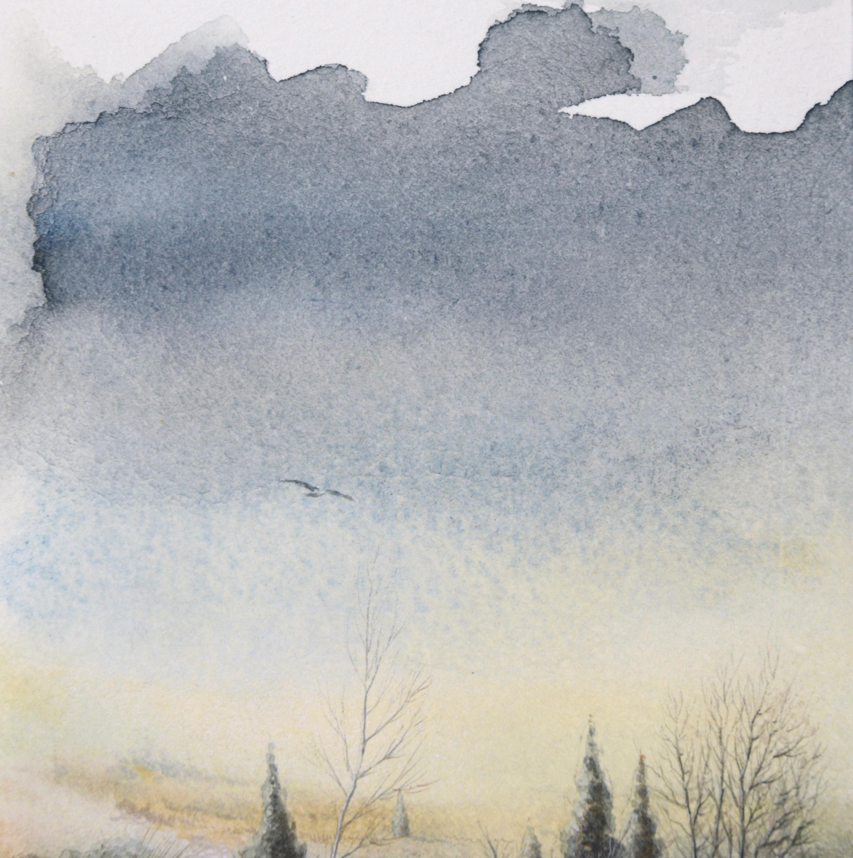 Delicado Paisaje Vintage de Invierno en Acuarela - Art Impresionista de Unknown