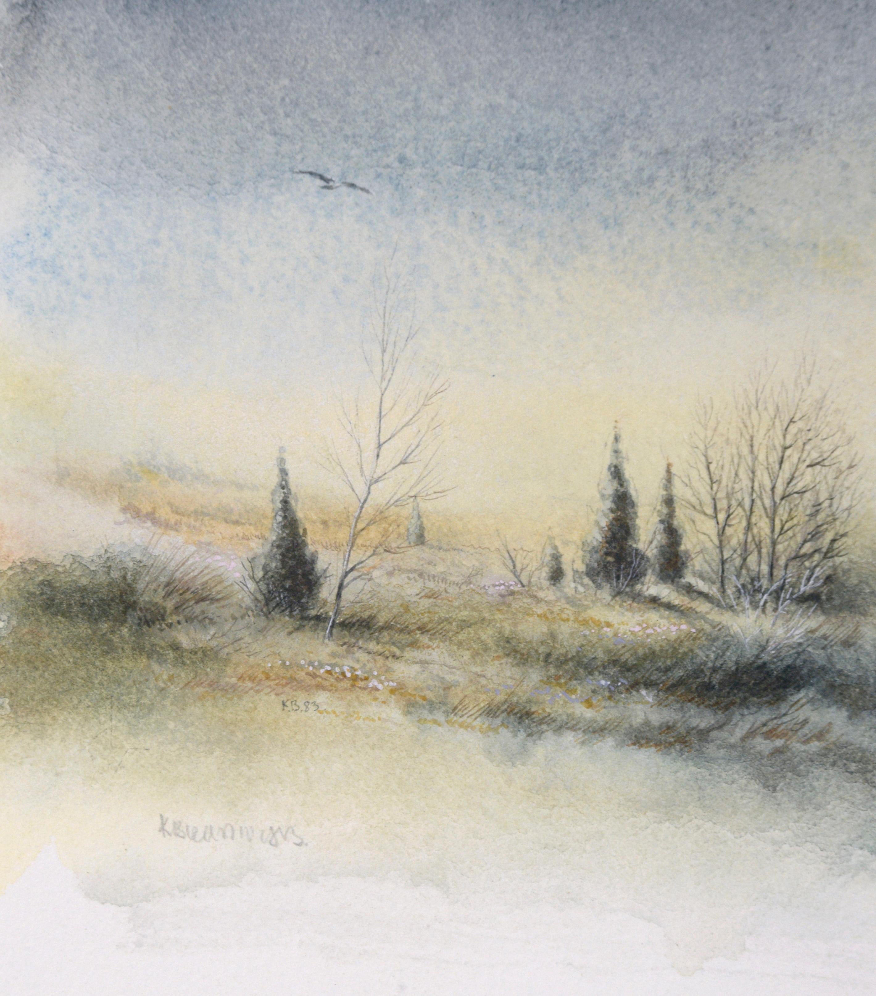 Delicado Paisaje Vintage de Invierno en Acuarela - Landscape Art Beige de Unknown