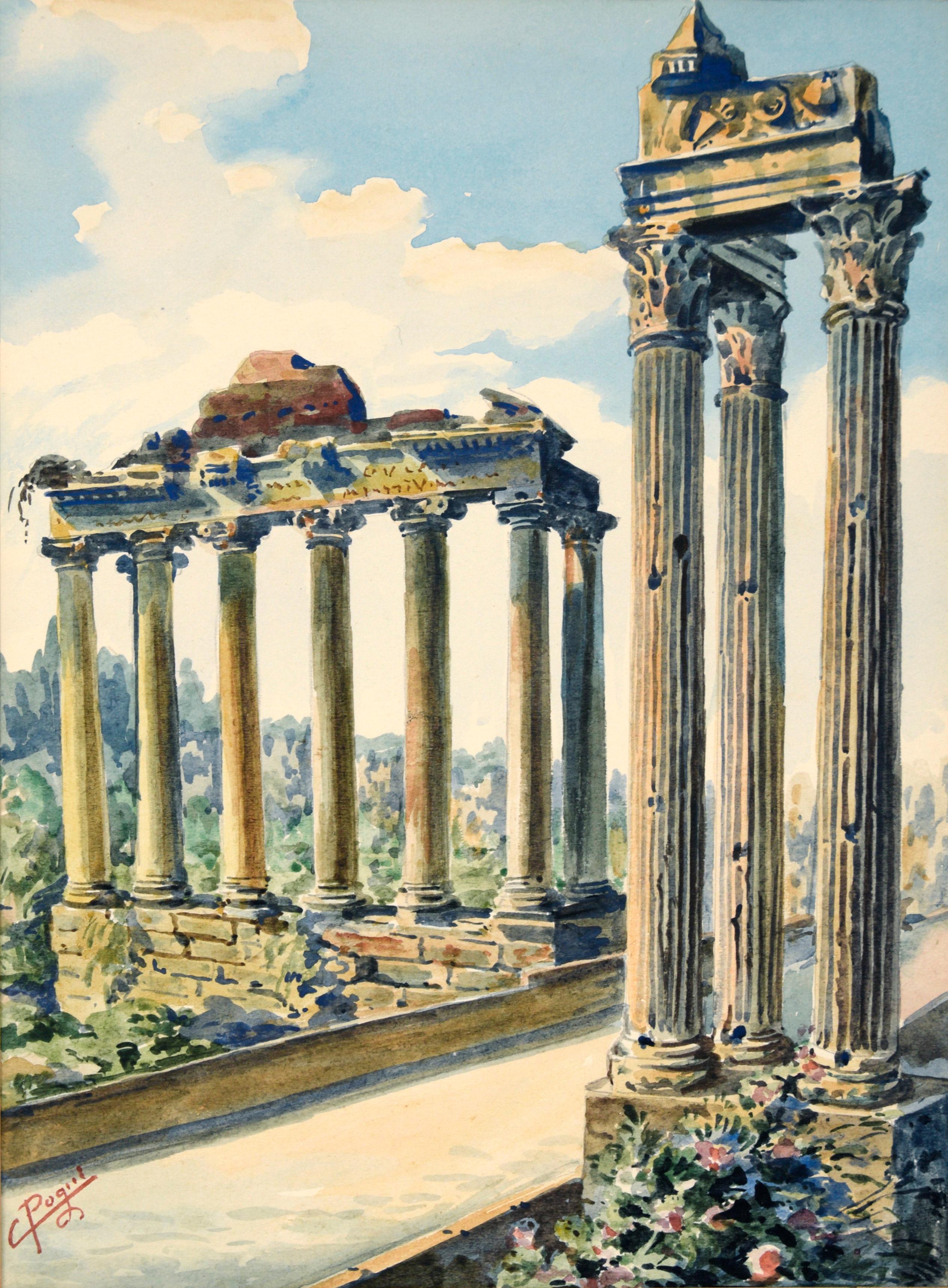 I templi di Saturno e di Vespasiano Roma - Acquerello d'epoca - Art di Unknown