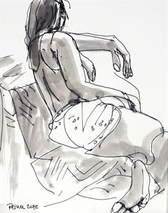 Dibujo figurativo original de mujer parcialmente desnuda
