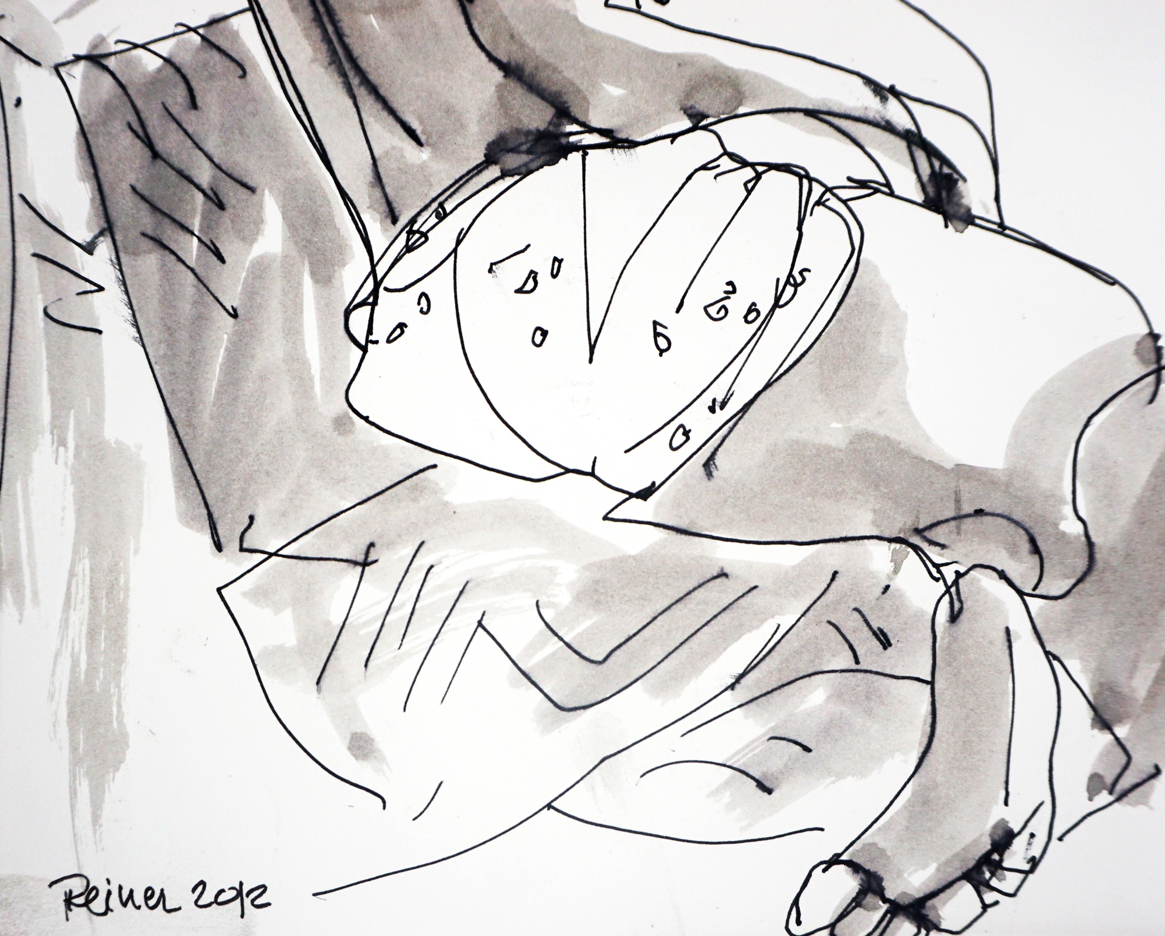 Original Partial Nude Female Figurative Drawing - Gray Figurative Art by Reiner Keller