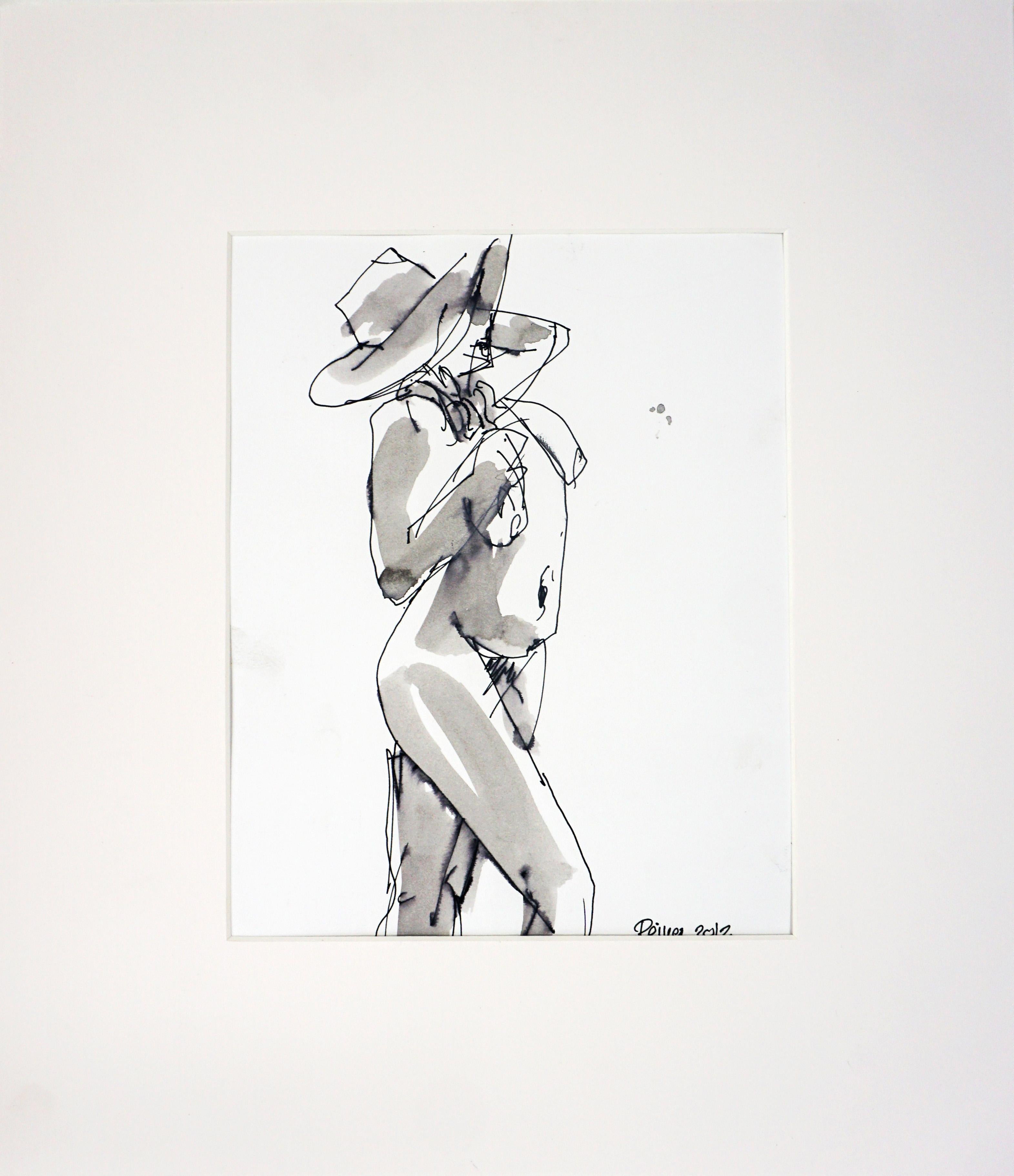 Reiner Keller Nude – Weiblicher Akt mit Sonnenhut Figurative Zeichnung