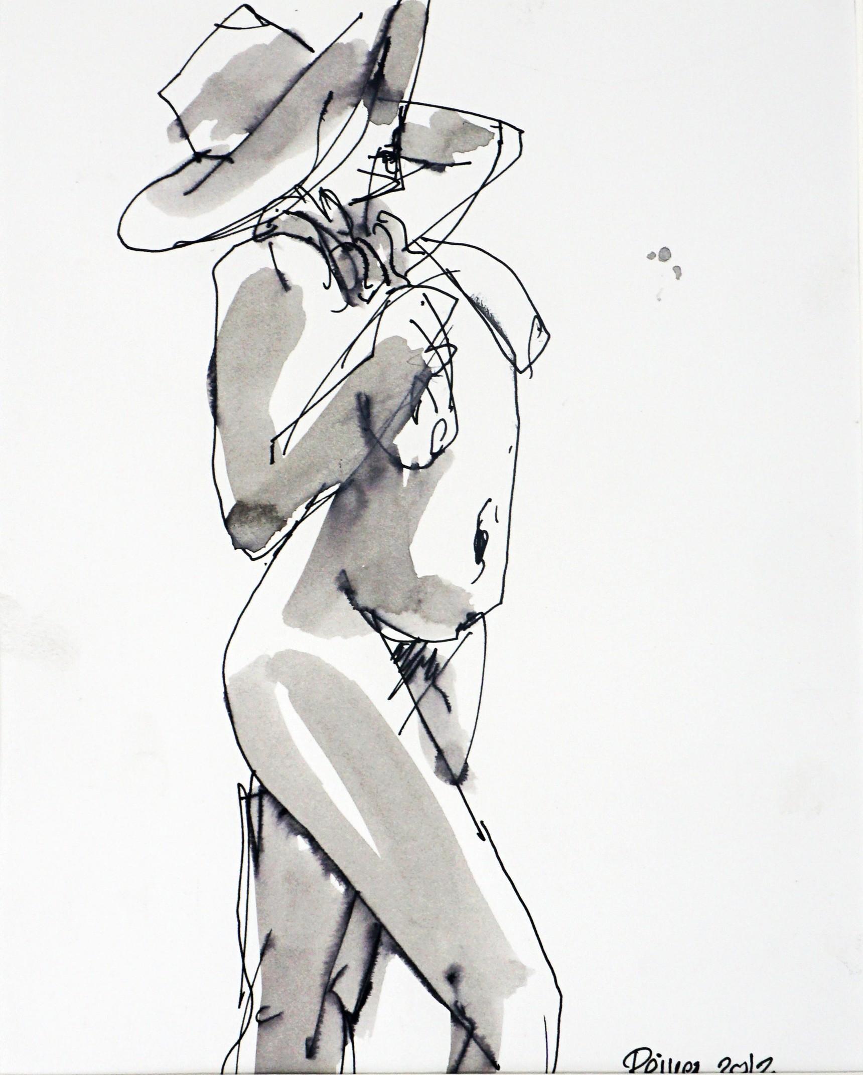Weiblicher Akt mit Sonnenhut Figurative Zeichnung – Art von Reiner Keller