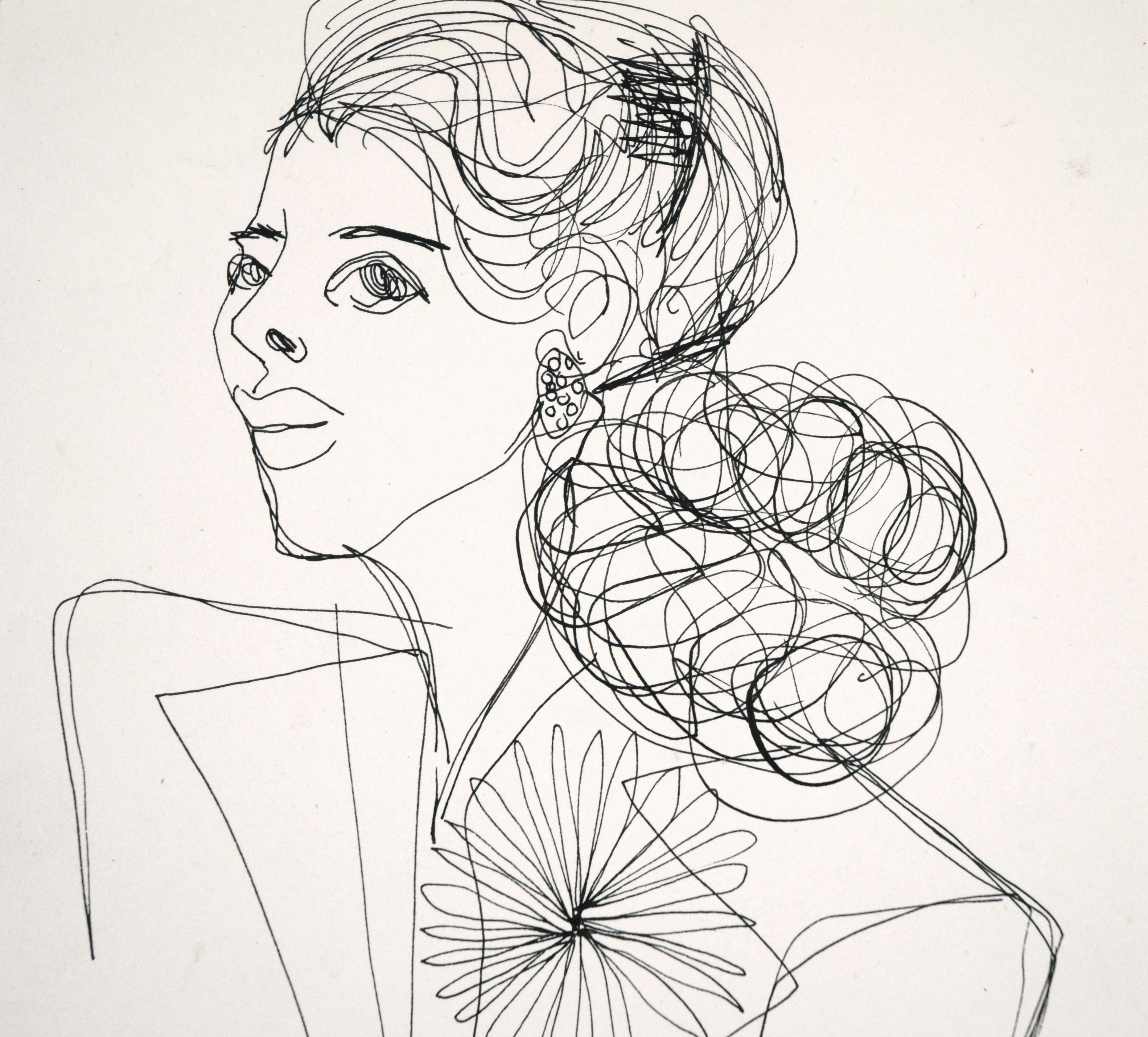 Life Drawing - Porträt einer Frau mit einer Blume (Grau), Figurative Art, von Unknown