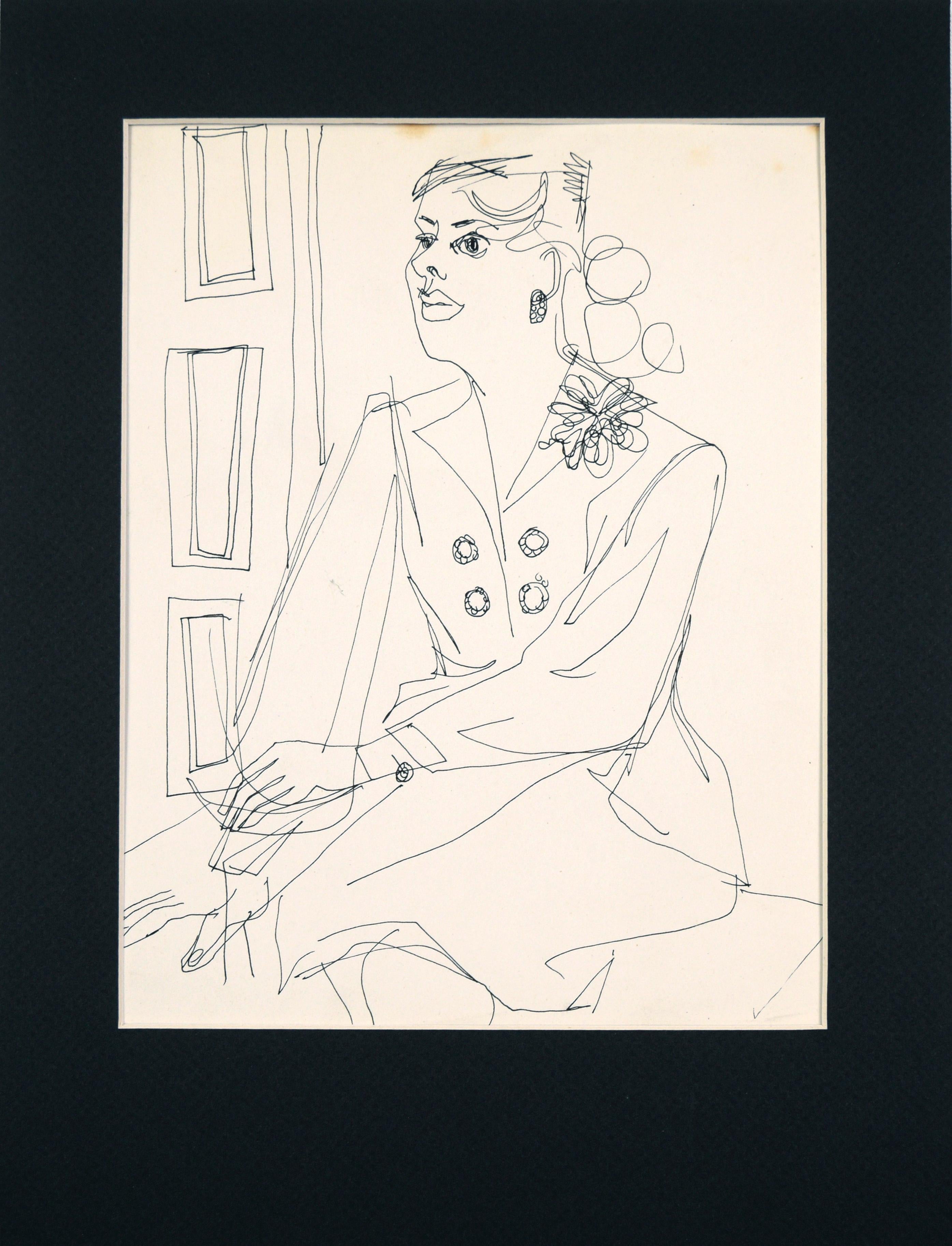 Figurative Art di Unknown - Disegno dal vero di interni - Ritratto di donna con fiore II