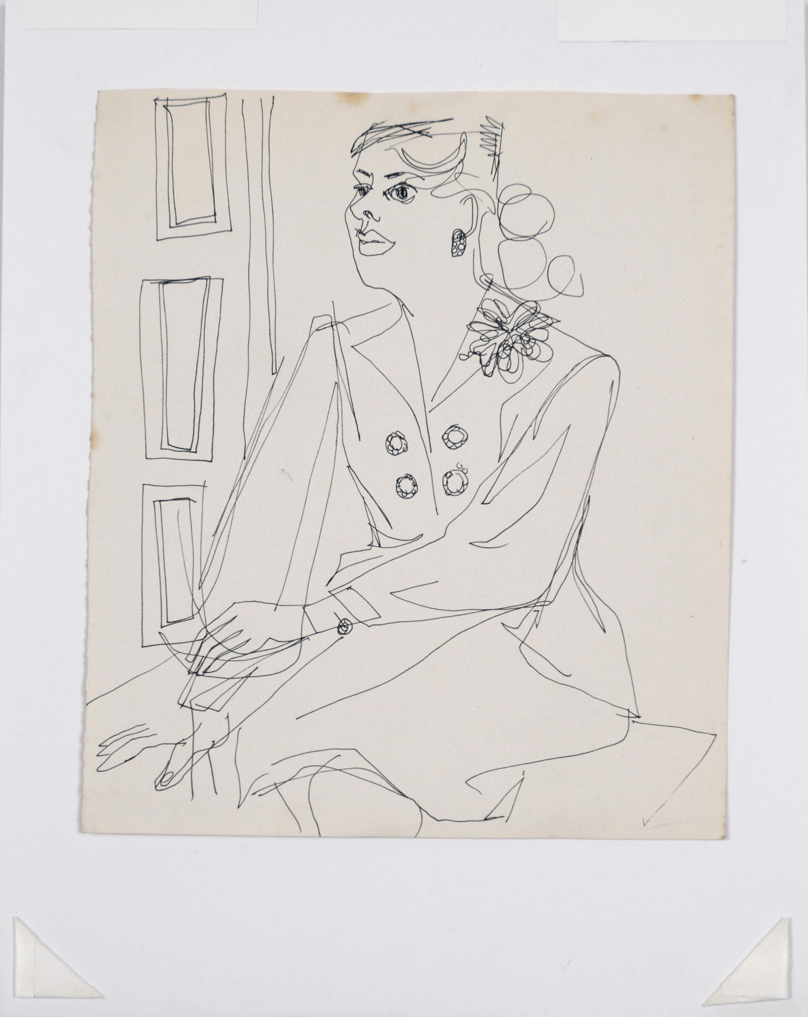 Disegno dal vero di interni - Ritratto di donna con fiore II in vendita 1