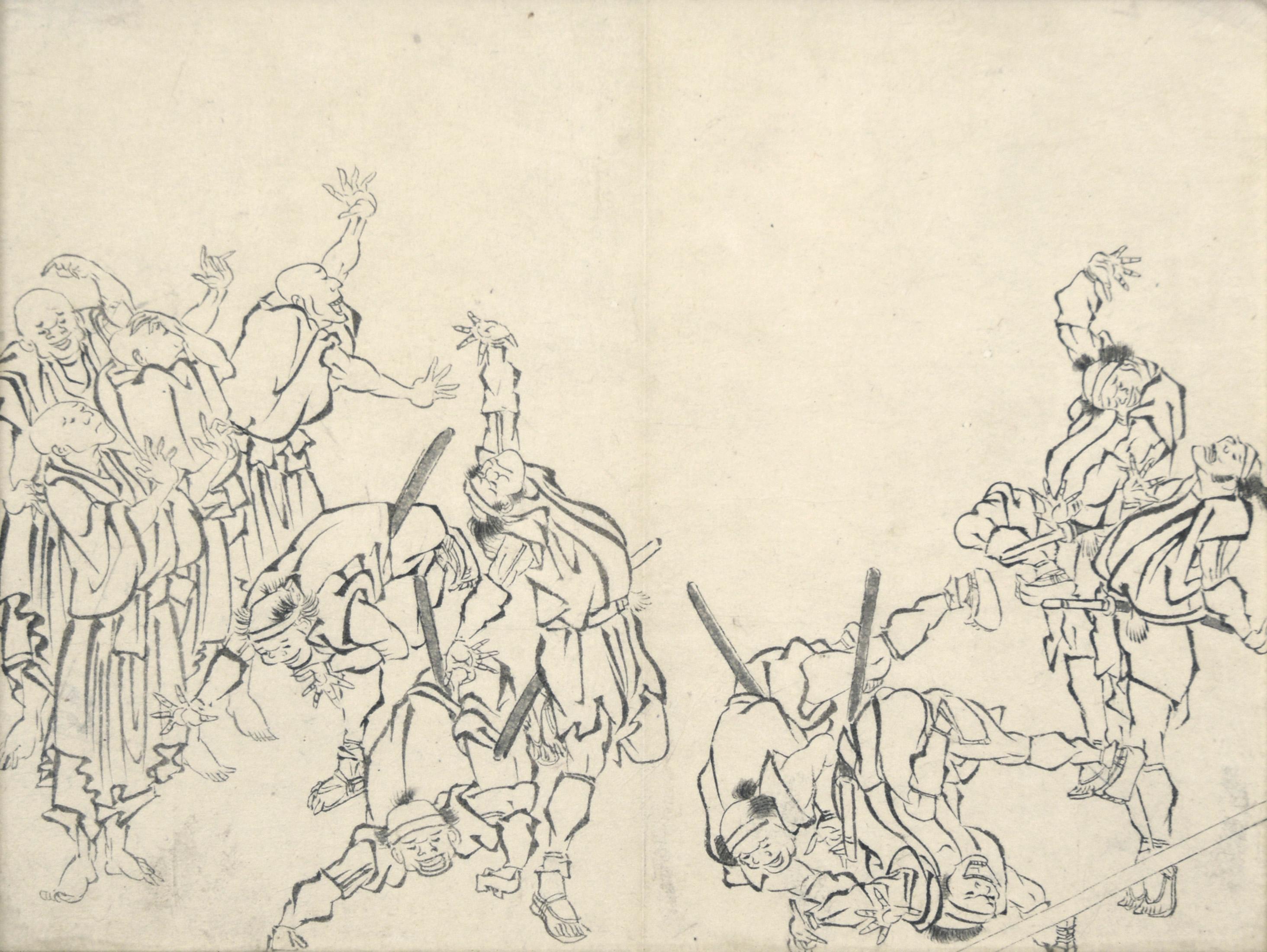 Laughing Monks and Soldiers - Mid 19th Century Japanese Ink Drawing - Art by Mimasu