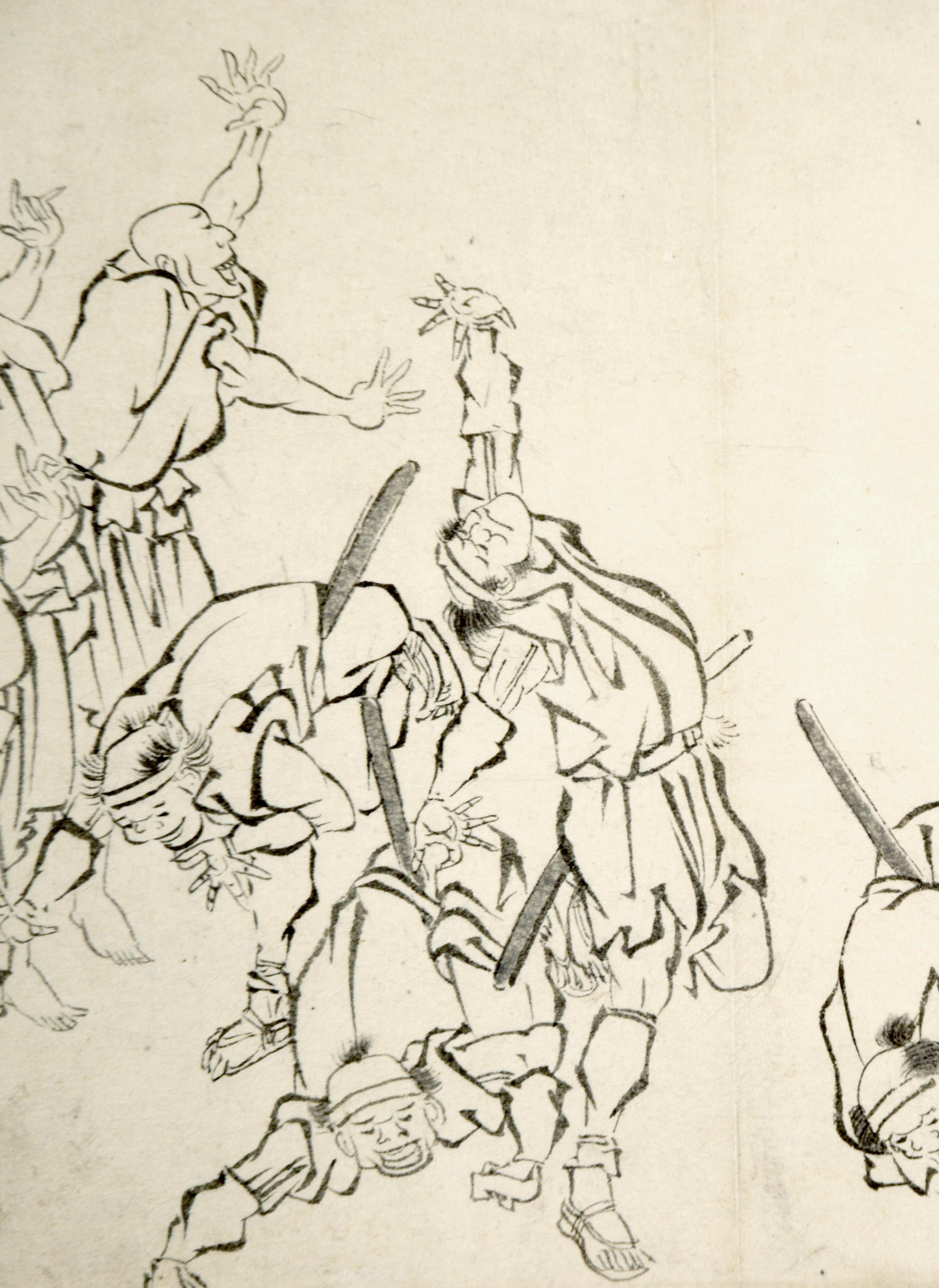 Laughing Monks and Soldiers - Mid 19th Century Japanese Ink Drawing - Beige Figurative Art by Mimasu