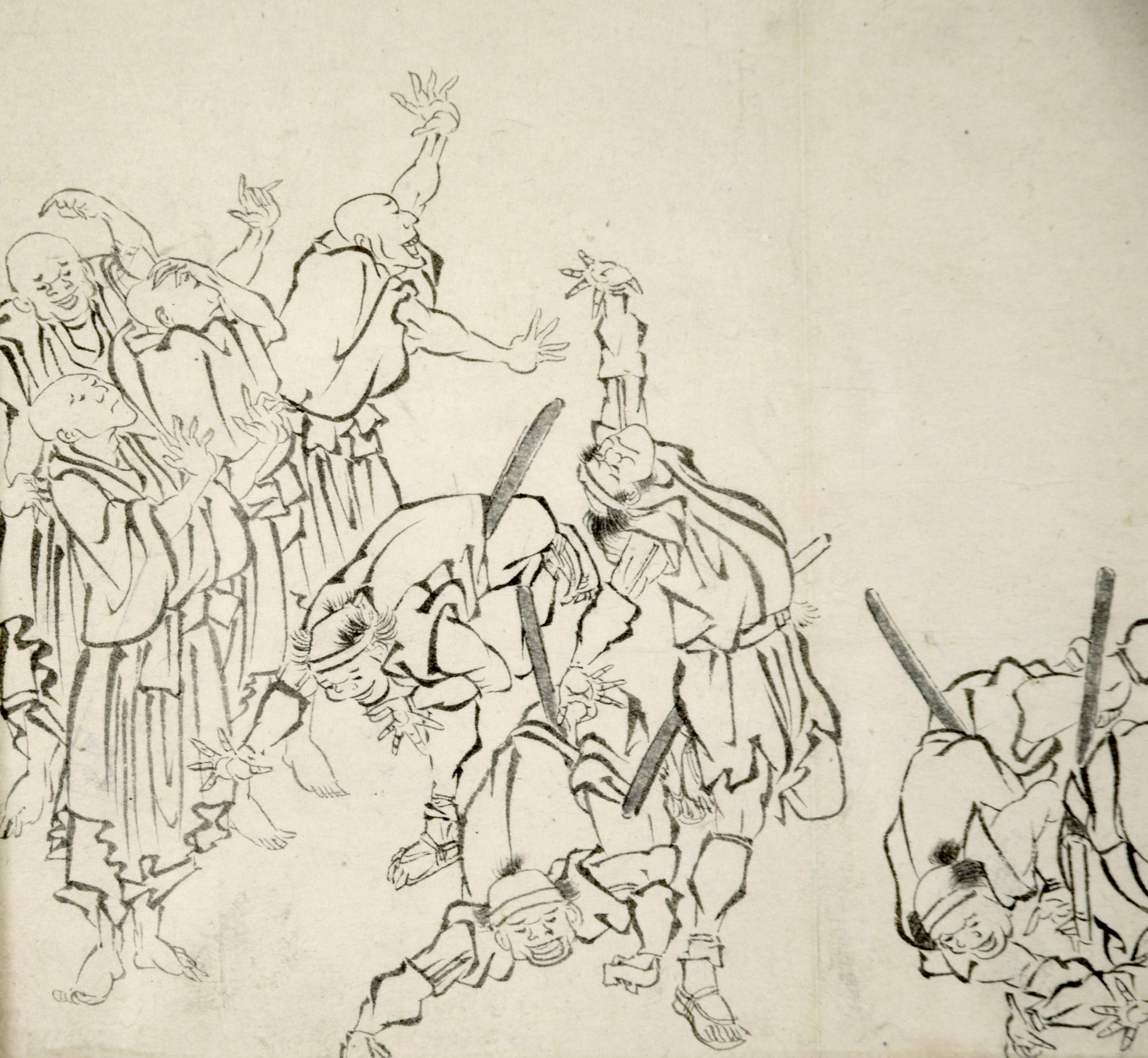 Laughing Monks and Soldiers - Mid 19th Century Japanese Ink Drawing - Edo Art by Mimasu