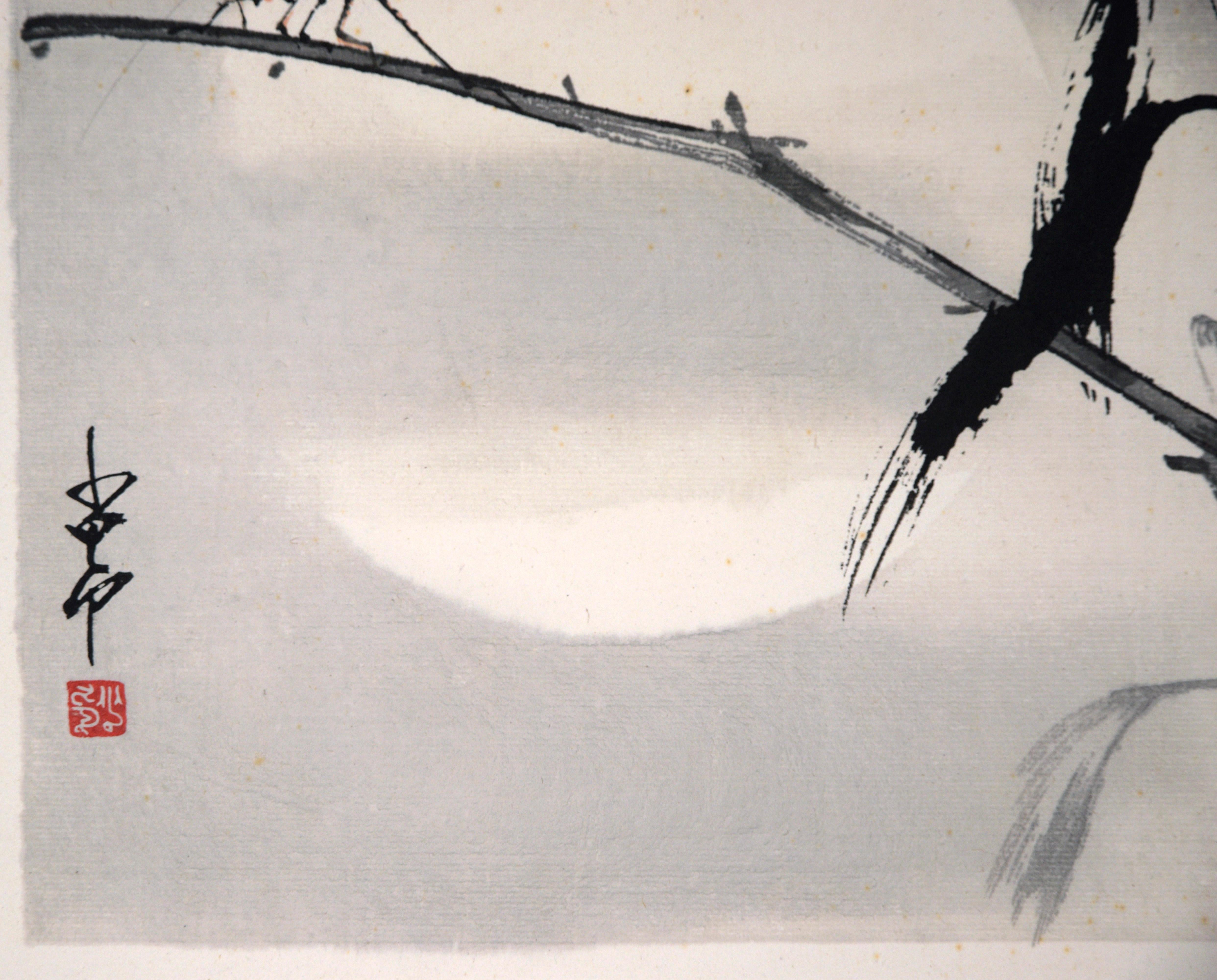 Grillo sul Branch - Pittura di uccelli e fiori della Scuola Lingnan di seconda generazione in vendita 1