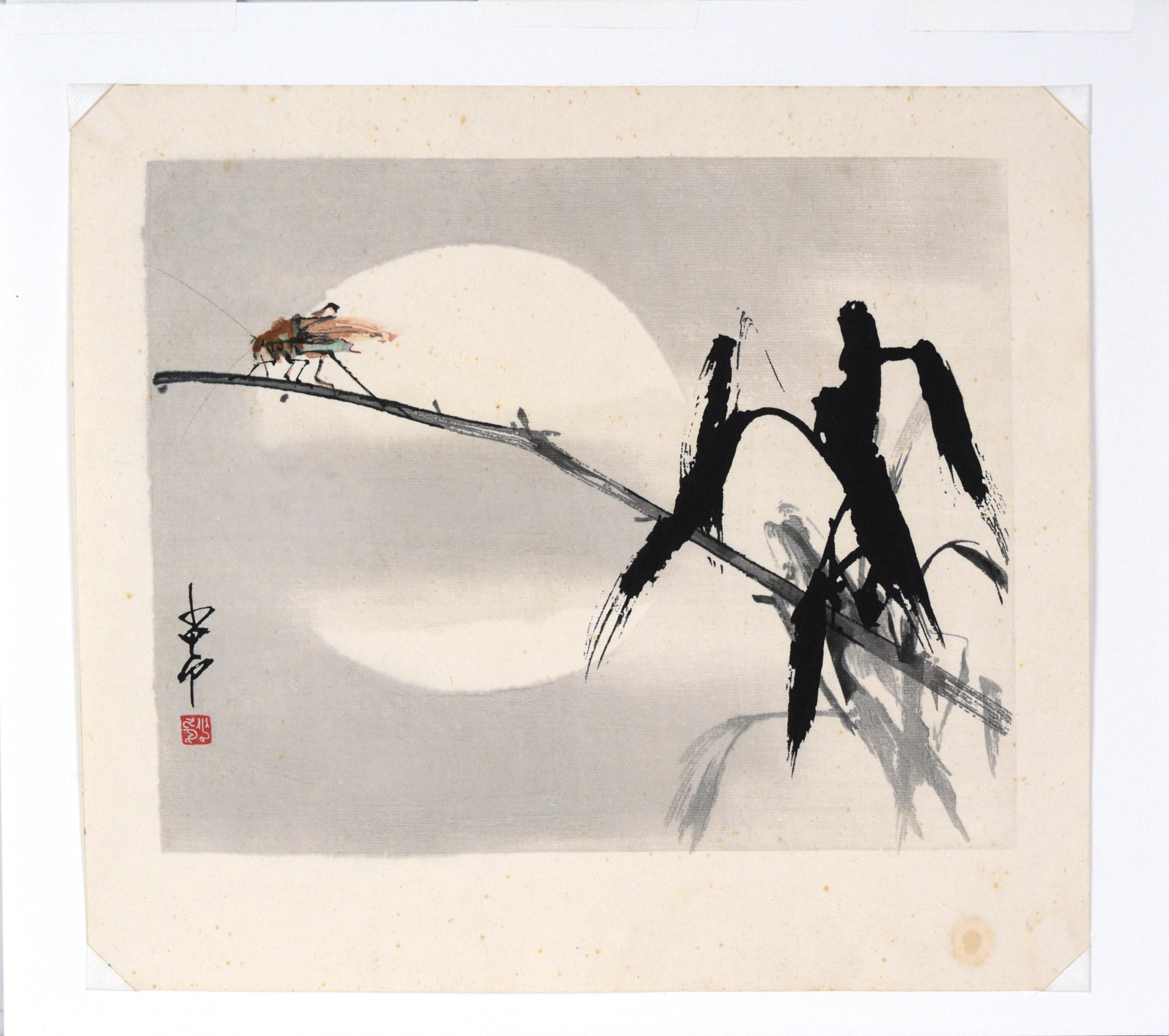 Grillo sul Branch - Pittura di uccelli e fiori della Scuola Lingnan di seconda generazione in vendita 3