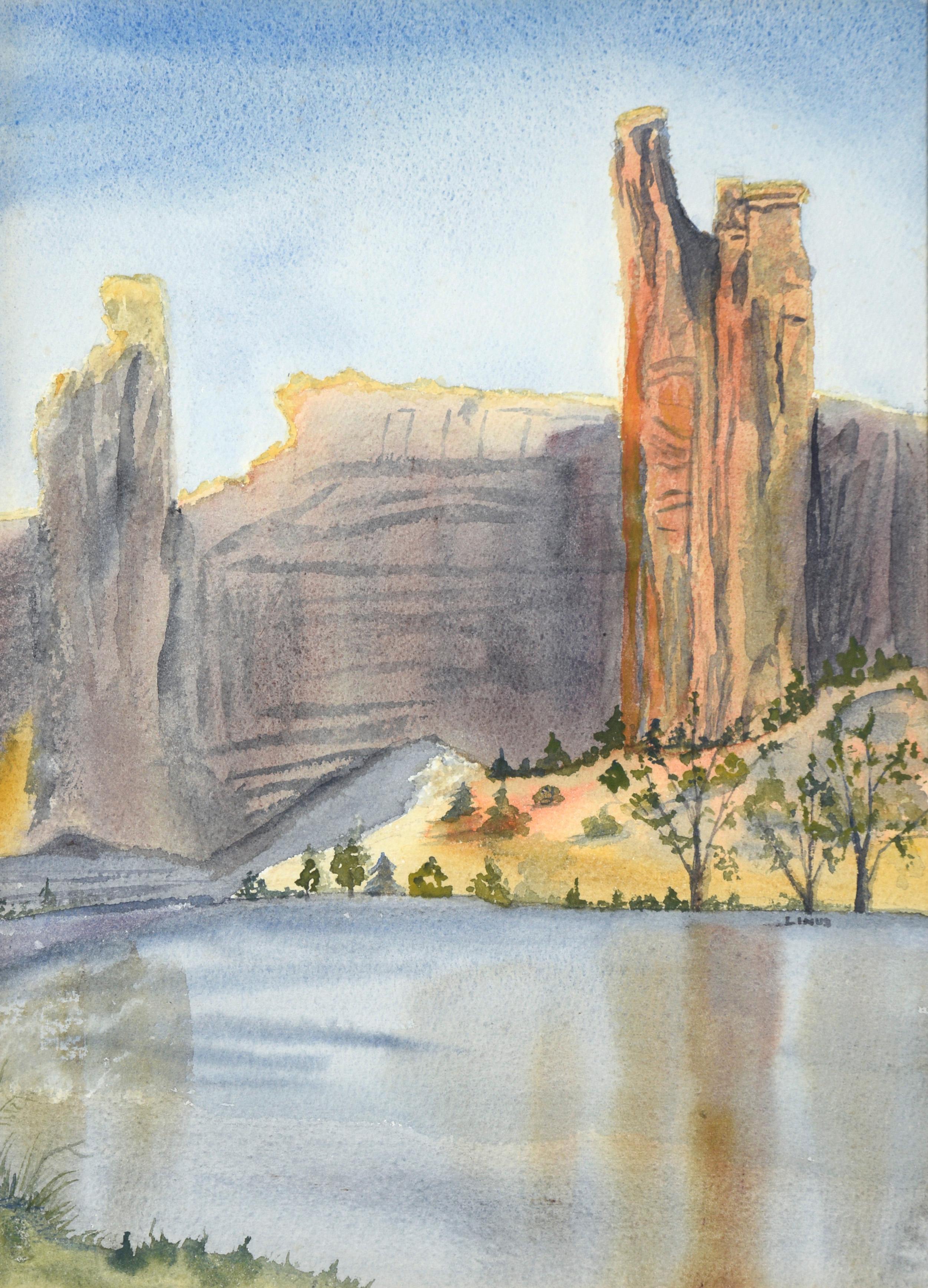 Stone Spire Behind Water - Southwestern Watercolor Scene by Linus - Art by Unknown