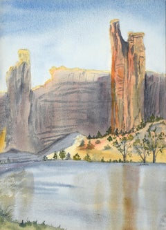 Stone Spire Behind Water - Southwestern Watercolor Scene by Linus