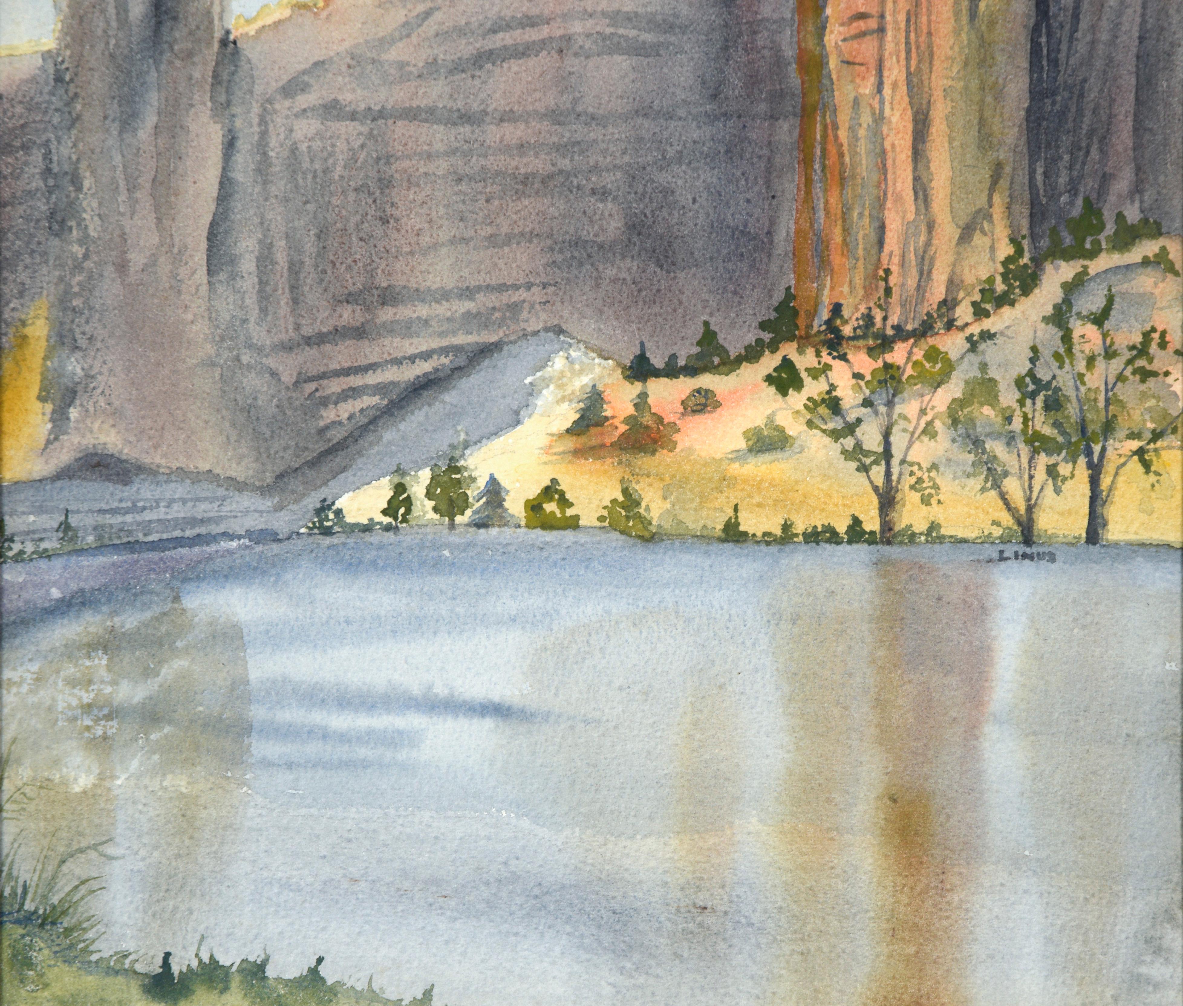 Stone Spire Behind Water - Southwestern Watercolor Scene by Linus

Open and airy watercolor painting showing a large spire jutting out from the ground within a canyon by unidentified arts, 