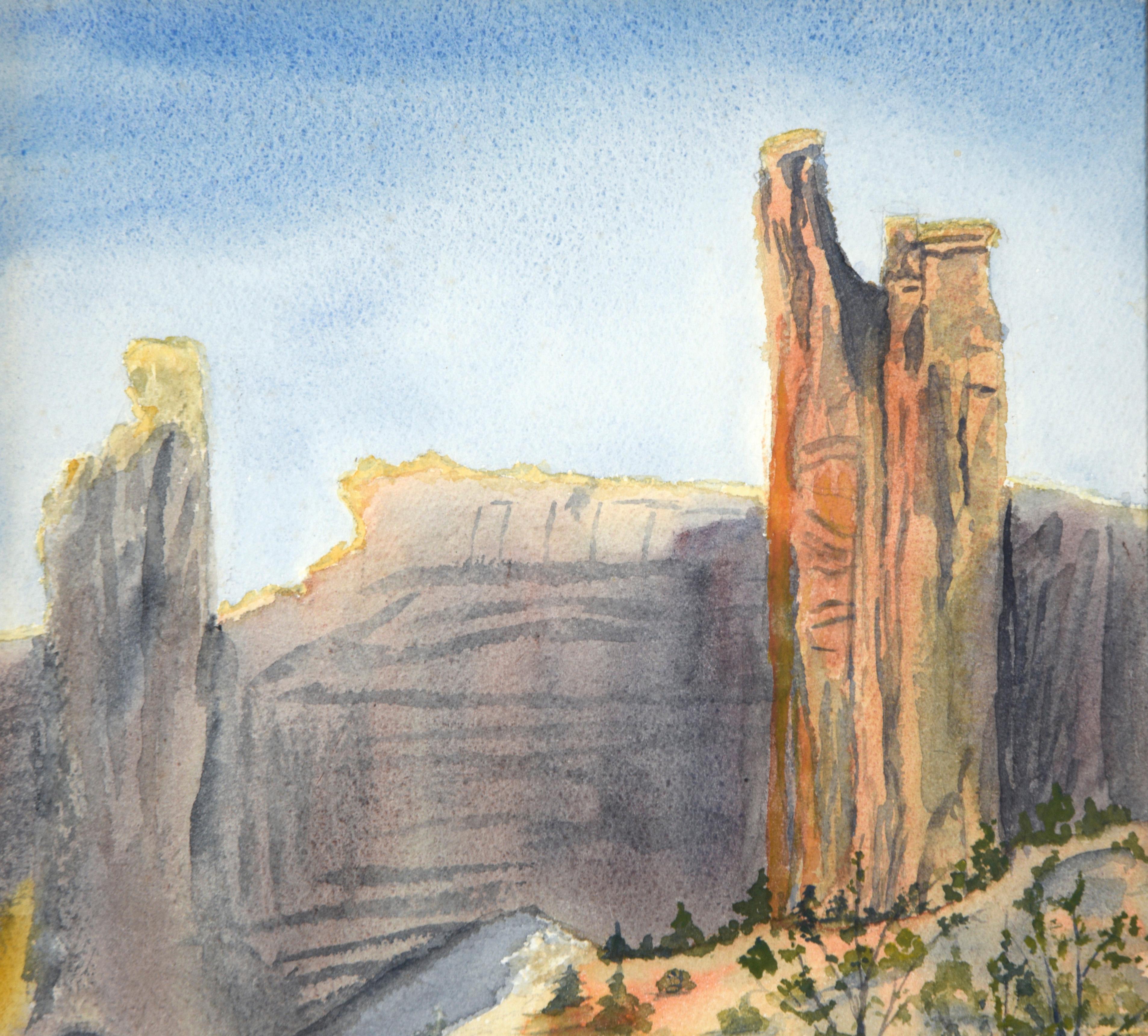 Stone Spire Behind Water - Southwestern Watercolor Scene by Linus - Other Art Style Art by Unknown