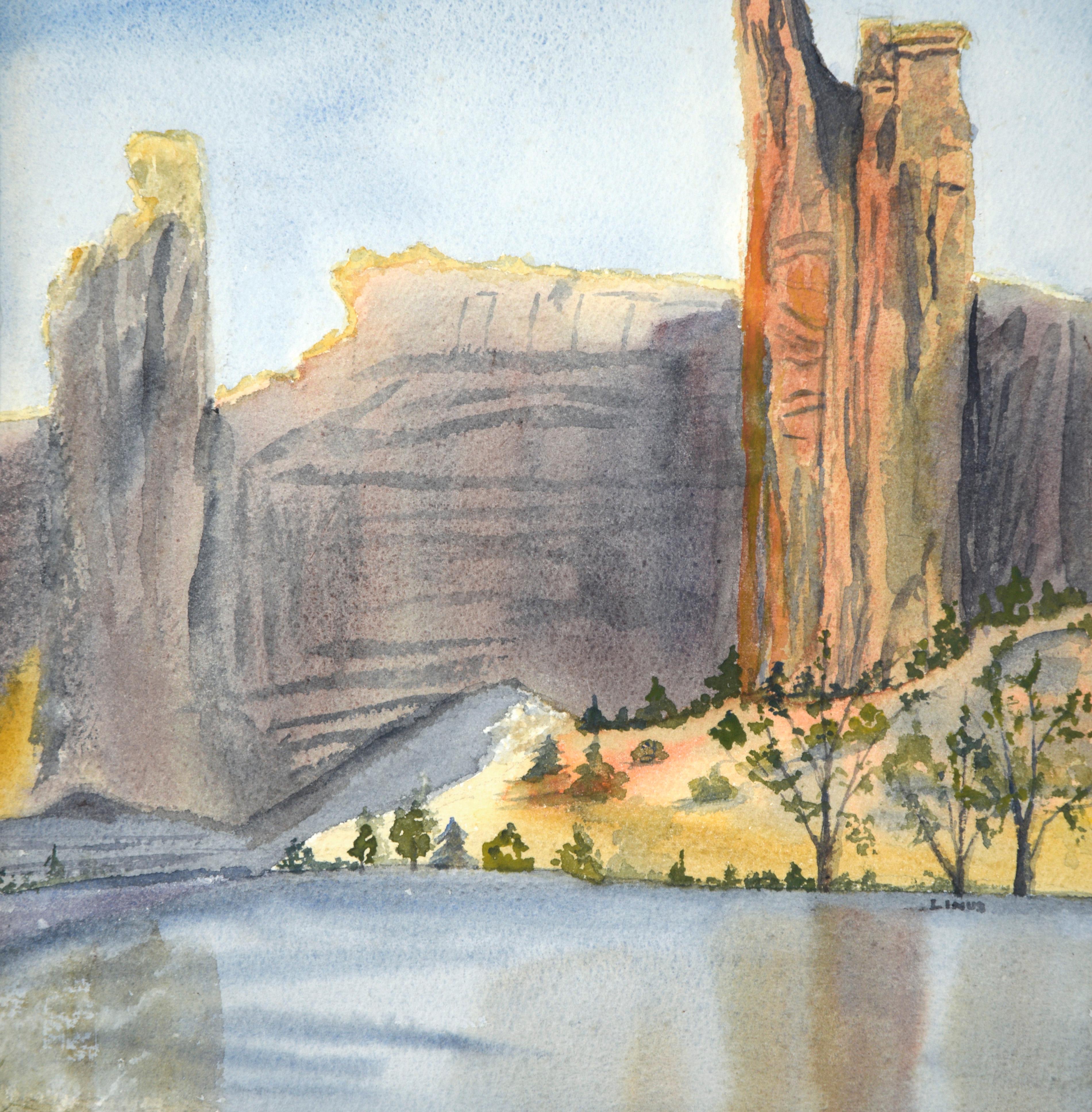 Stone Spire Behind Water - Southwestern Watercolor Scene by Linus - Brown Landscape Art by Unknown