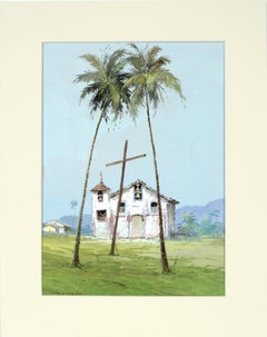 Church with Two Palm Trees - Brazilian Scene Original Gouache Painting