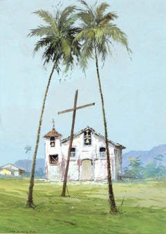 Church with Two Palm Trees - Brazilian Scene Original Gouache Painting