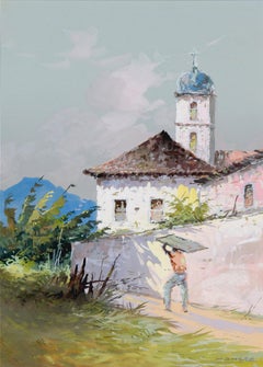 Homme portant une planche - Scène de paysage brésilien impressionniste