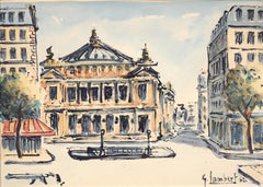 Scène d'aquarelle parisienne du milieu du siècle - Palais Garnier et Café de la Paix