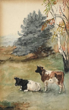 Antique English Watercolor - Countryside Landscape with Cows