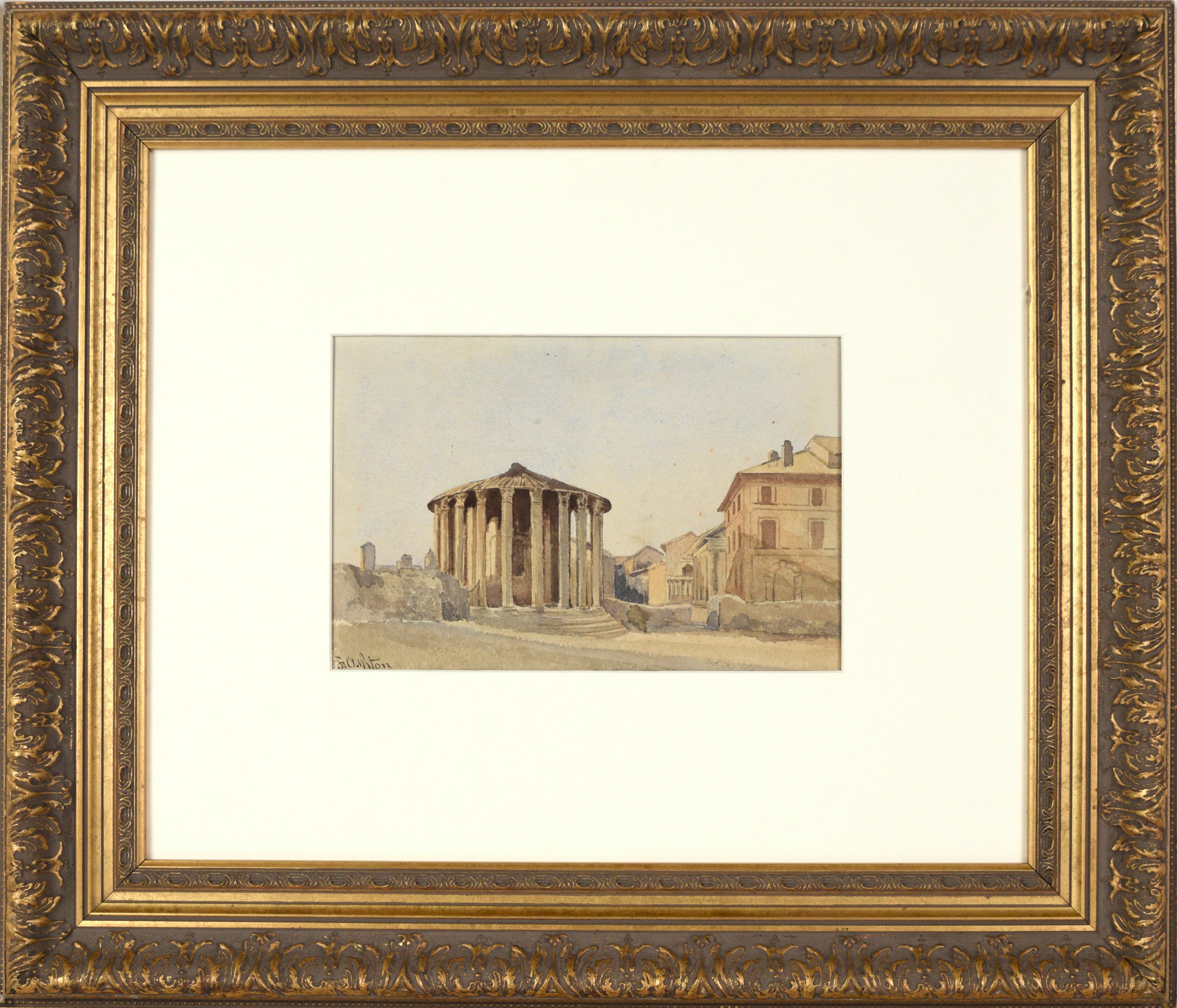 Tempio di Ercole Vincitore a Roma - Acquerello italiano originale del XIX secolo