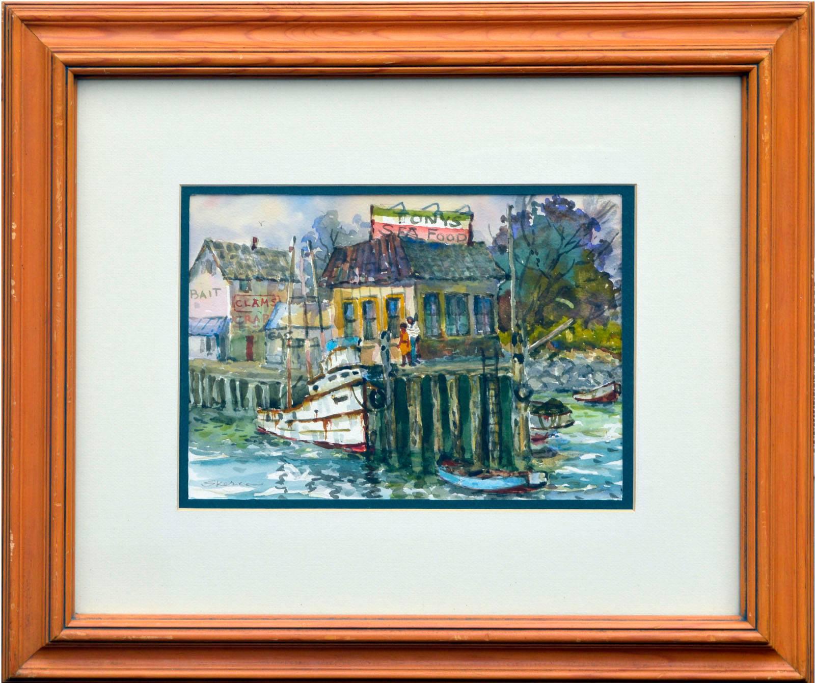 Monterey Wharf - 1980s Figurative Landscape in Watercolor