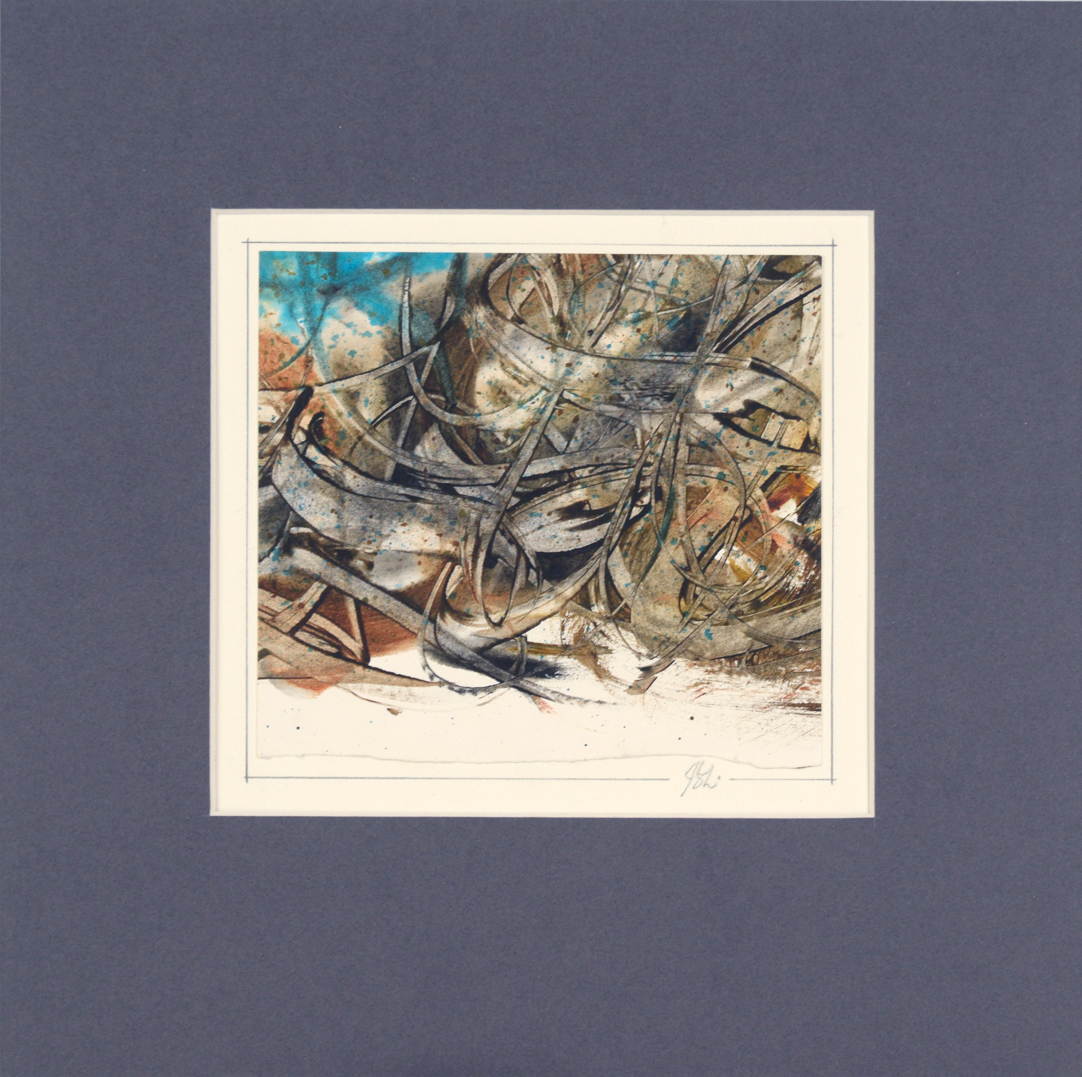 Johan Selmer Larson Jr Abstract Drawing - Abstract Expressionist Watercolor in Brown and Blue, Signed
