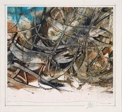 Abstract Expressionist Watercolor in Brown and Blue, Signed
