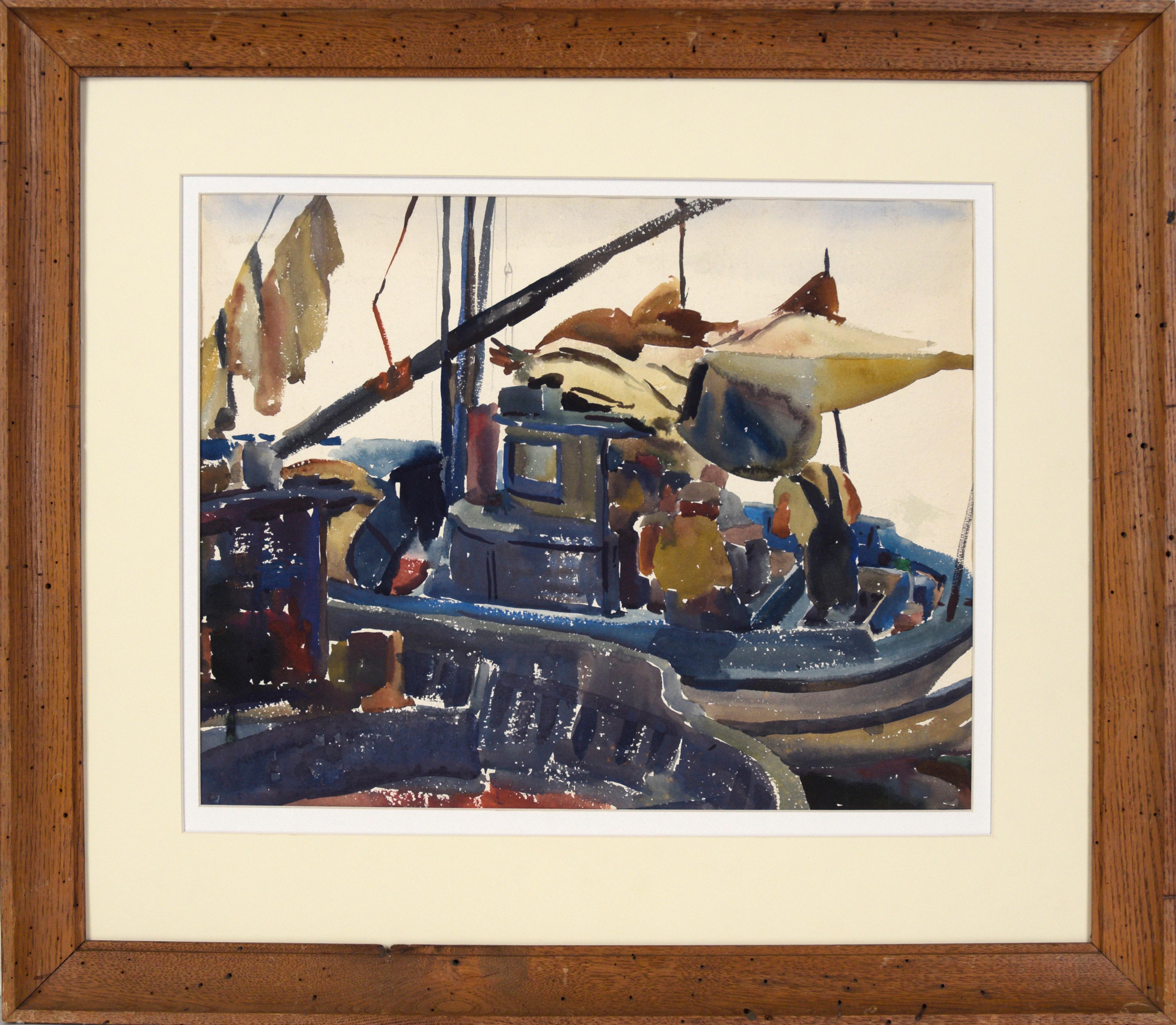 "Weekend Rest" Setting the lines Original California Watercolor of Fishing Boats