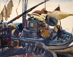 "Weekend Rest" Setting the lines Original California Watercolor of Fishing Boats