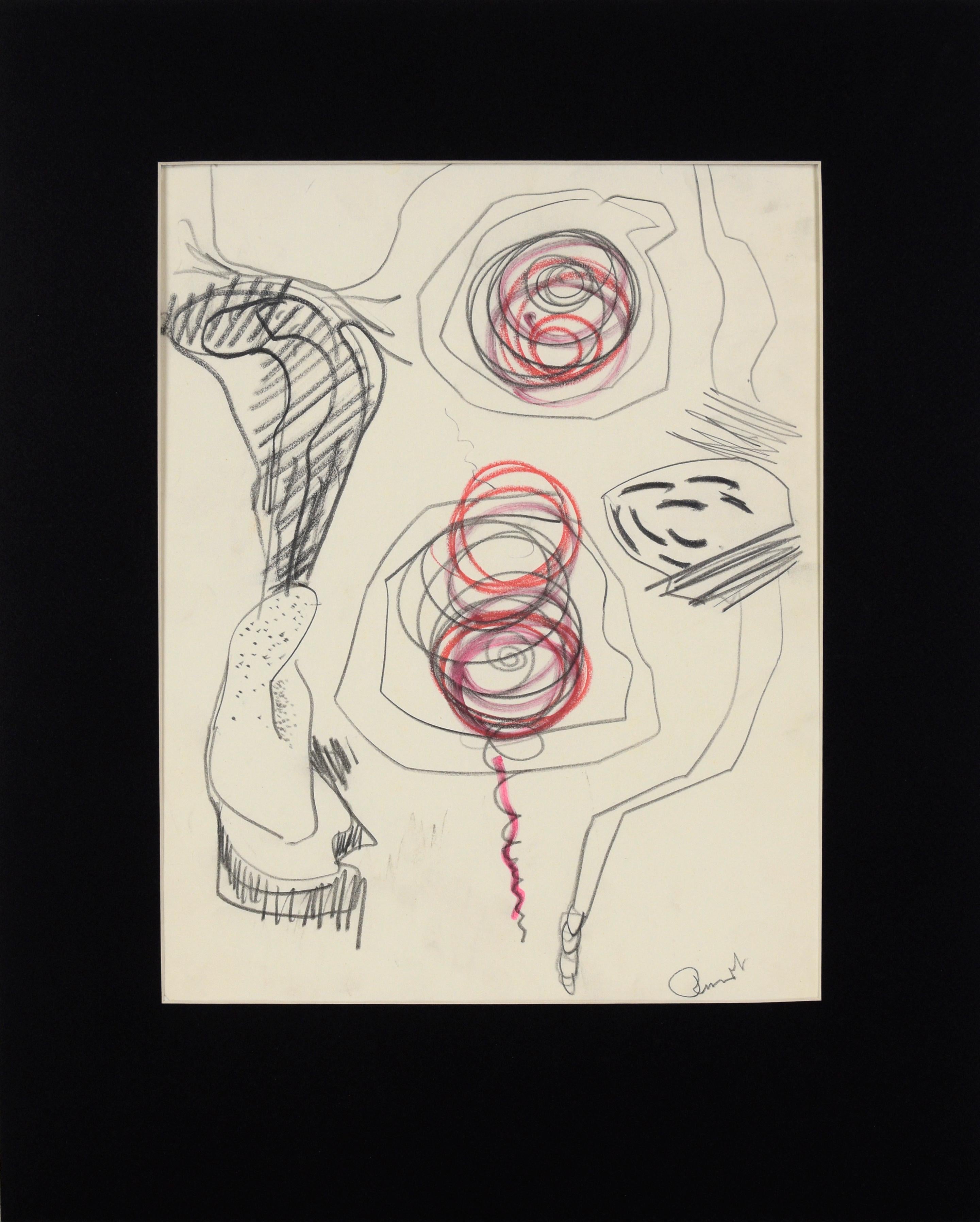 Original Abstract Expressionist Drawing - Red and Pink Spirals