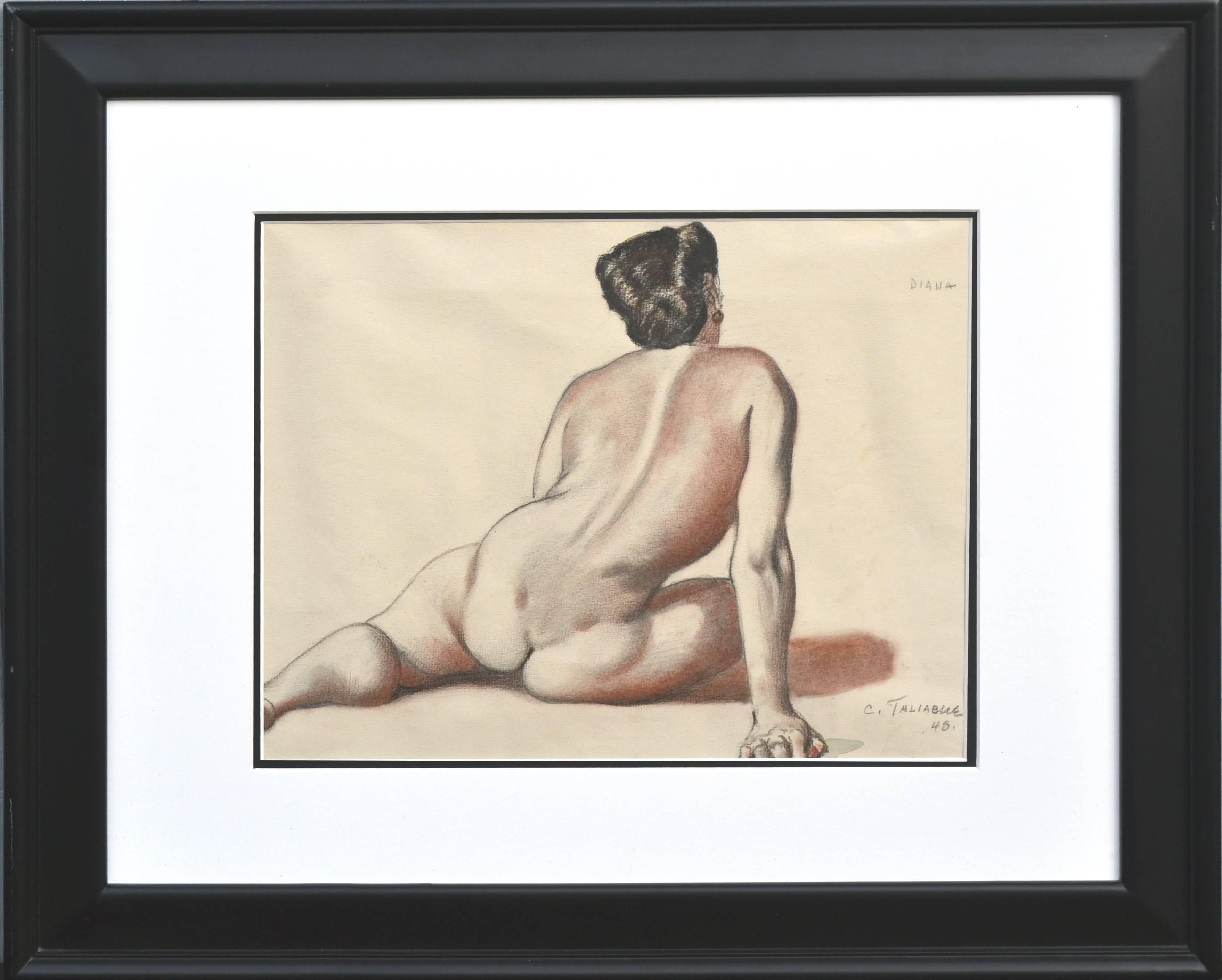 Carlo Taliabue Figurative Art - Diana - 1948 Nude Study in Charcoal on Paper, Signed, Framed Artwork