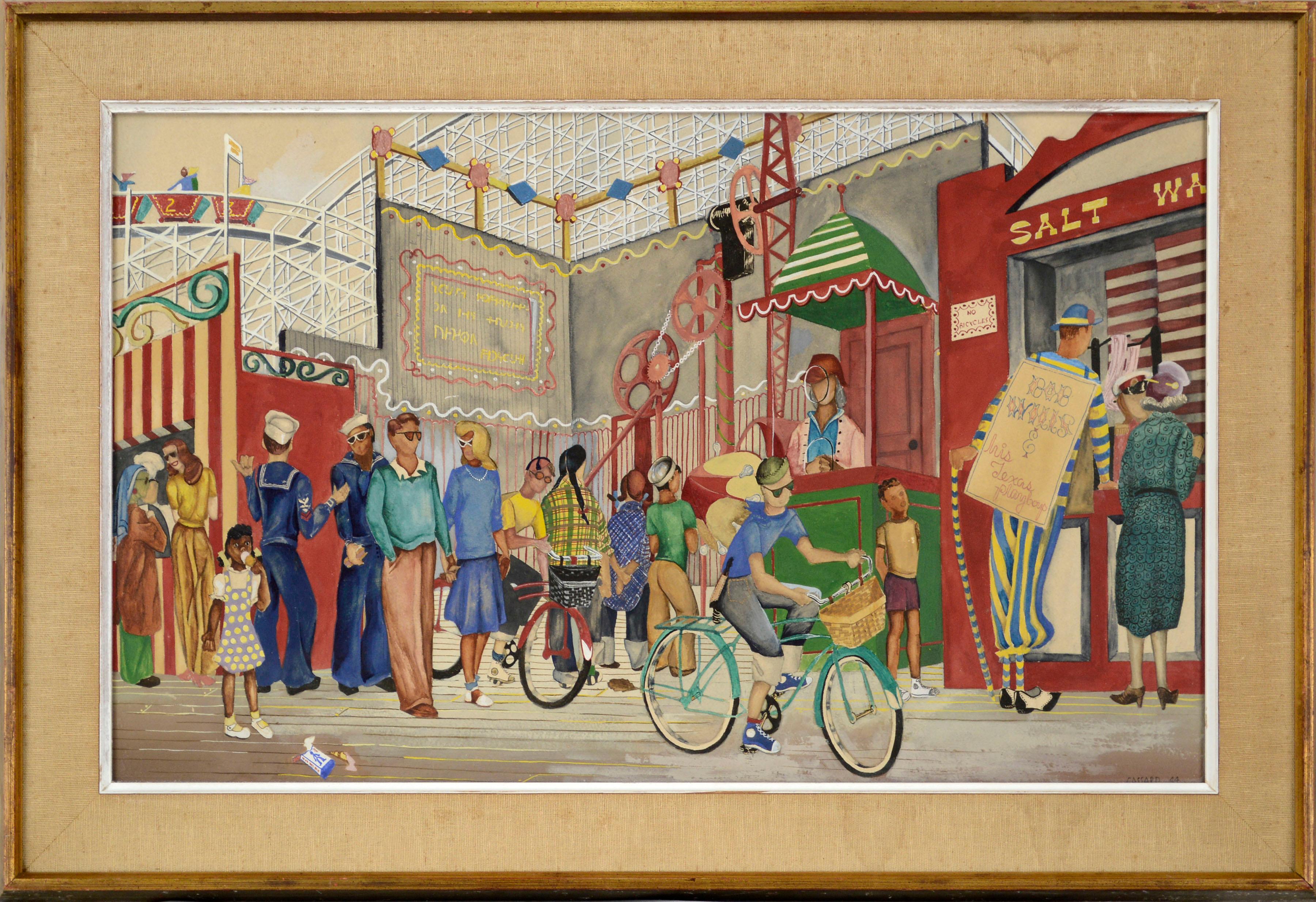 Escena figurativa de mediados de siglo en el paseo marítimo de Santa Cruz, California, 1944