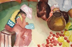 Modern Interior Composition - Watercolor with Five Figures and Produce