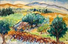 Colorful Impressionistic California Watercolor Landscape with Winery, Signed