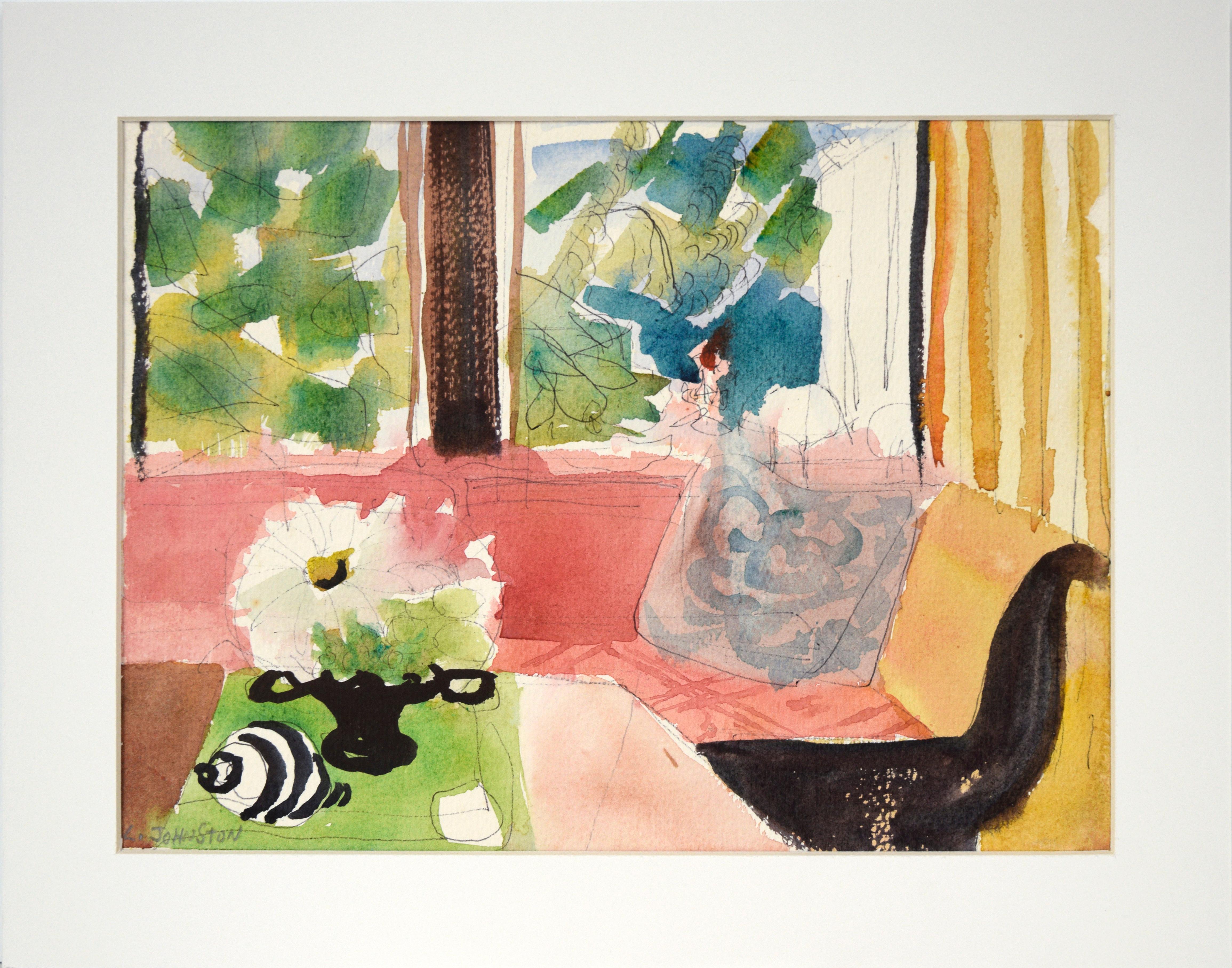 Colorful Couches with Flowers, Modernist Interior in Watercolor on Paper, Signed