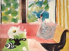 Sofás de Colores con Flores, Interior Modernista en Acuarela sobre Papel, Firmado