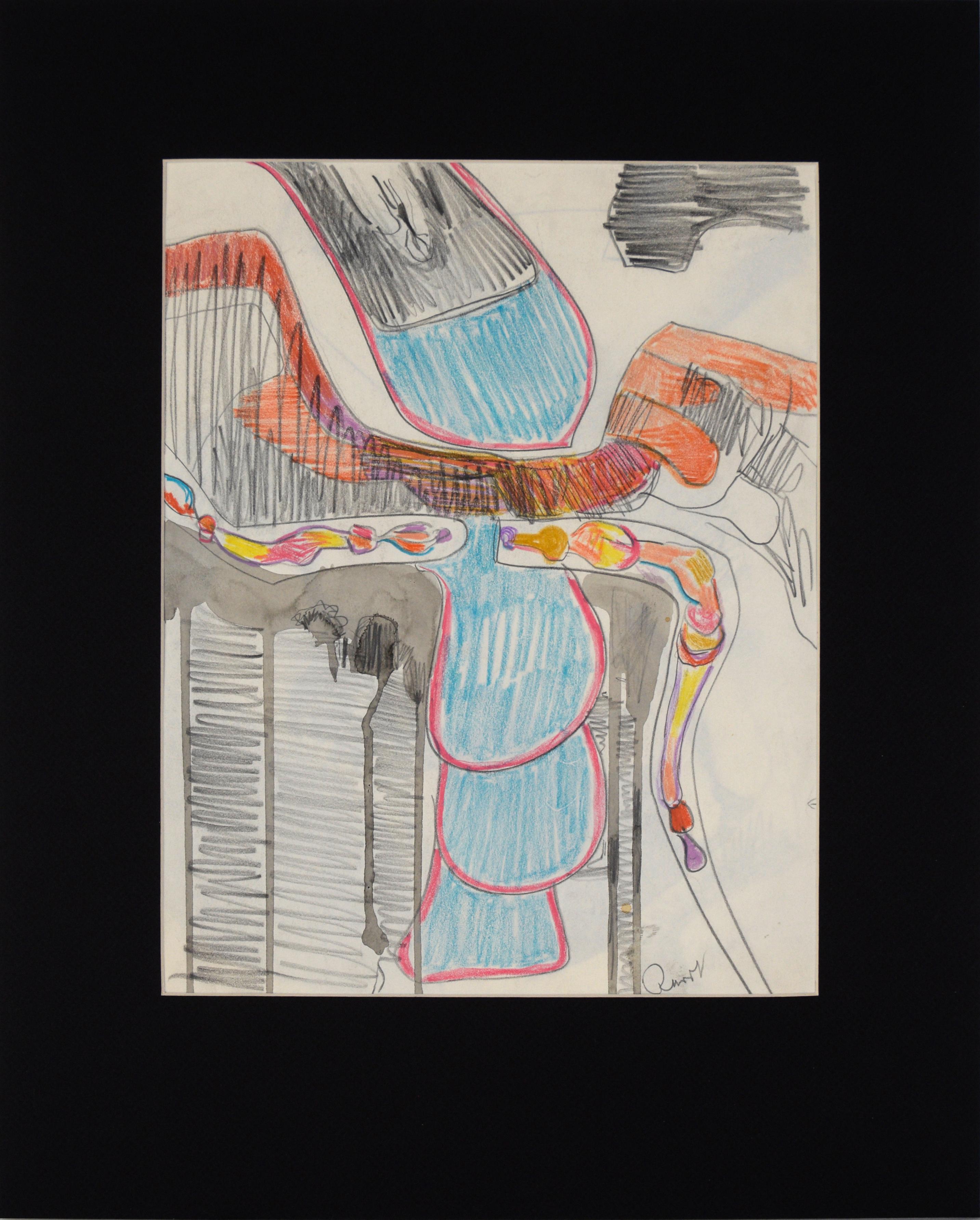 Abstract Shapes - Original Expressionistic Color Pencil and Ink Drawing, Signed