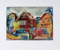 1940s San Francisco Colorful Cityscape - Original Watercolor Painting, Signed
