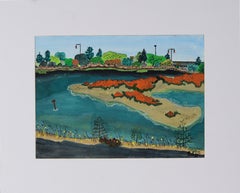 1940s San Francisco Bay Area Landscape - Original Gouache Painting, Signed
