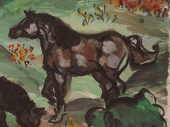 Post War Bay Area Figurative - Original Watercolor Painting Three Horses Signed